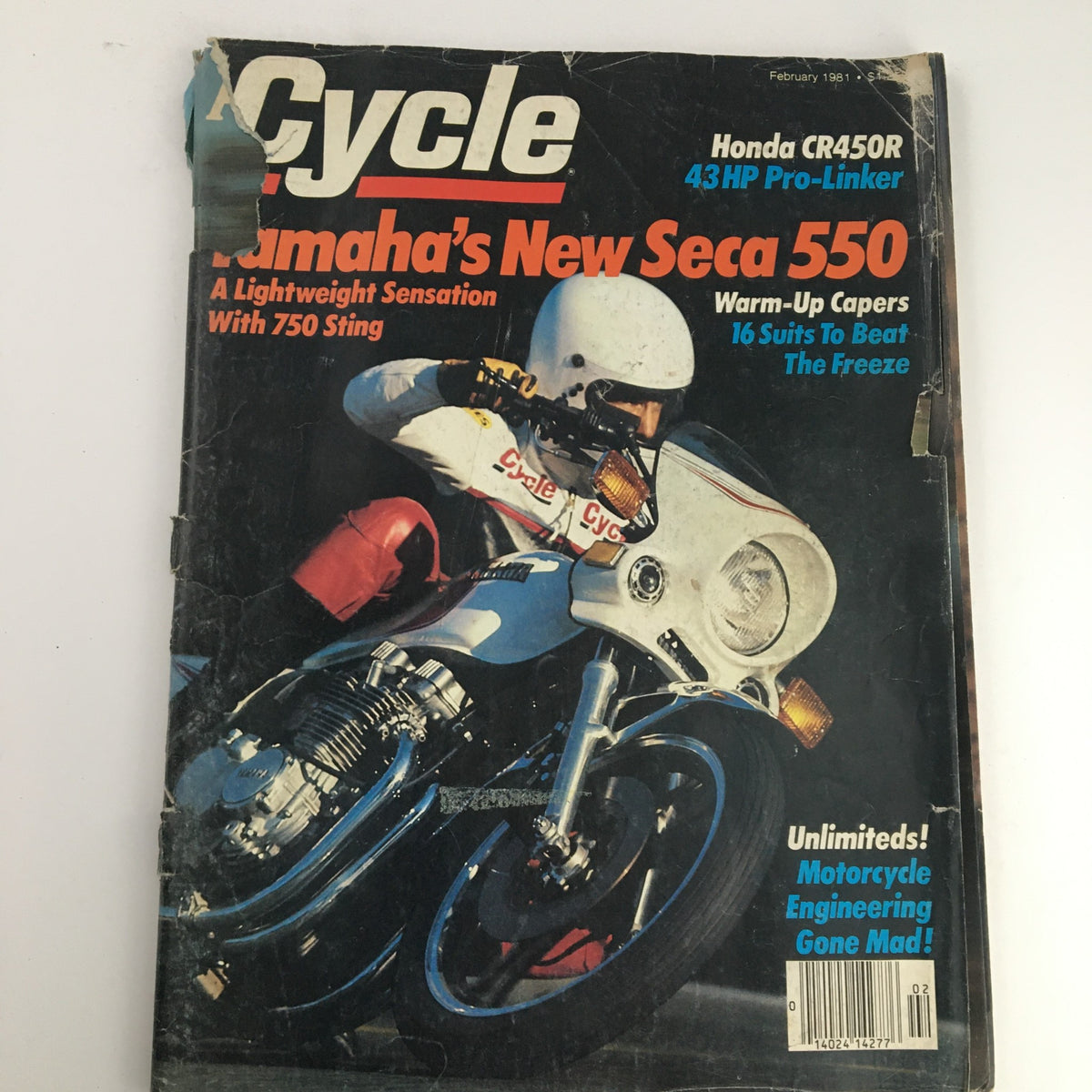 Cover of Cycle Magazine February 1981 featuring Yamaha Seca 550 and Honda CR450R with vibrant colors and design, highlighting motorcycle culture.