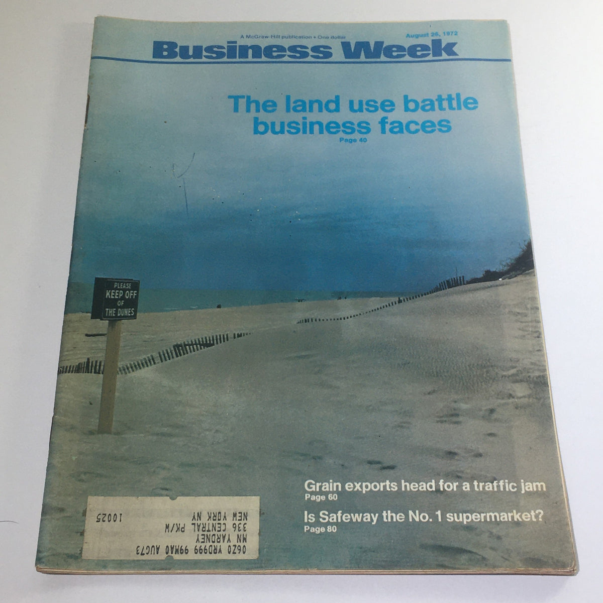 Business Week Magazine cover from August 26, 1972, featuring the title 'The Land Use Battle Business Faces.' The cover includes a coastal scene with a 'Please Keep Off the Dunes' sign, highlighted by a blue background and visible page numbers.