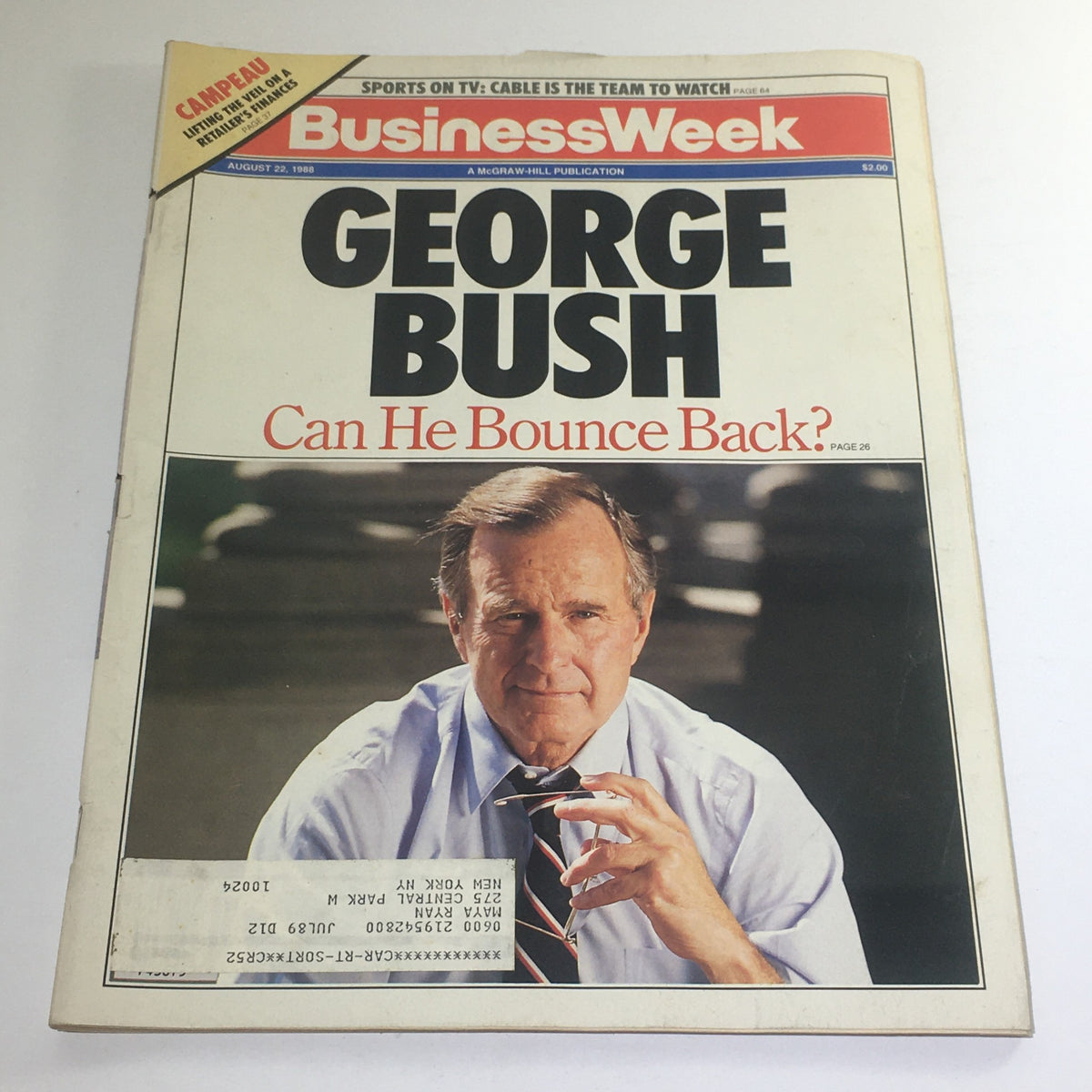 Cover of Business Week Magazine from August 22, 1988 featuring George Bush with the headline 'Can He Bounce Back?'. This vintage magazine provides insight into the political landscape of the late 1980s, showcasing the challenges faced by Bush during a pivotal election year.