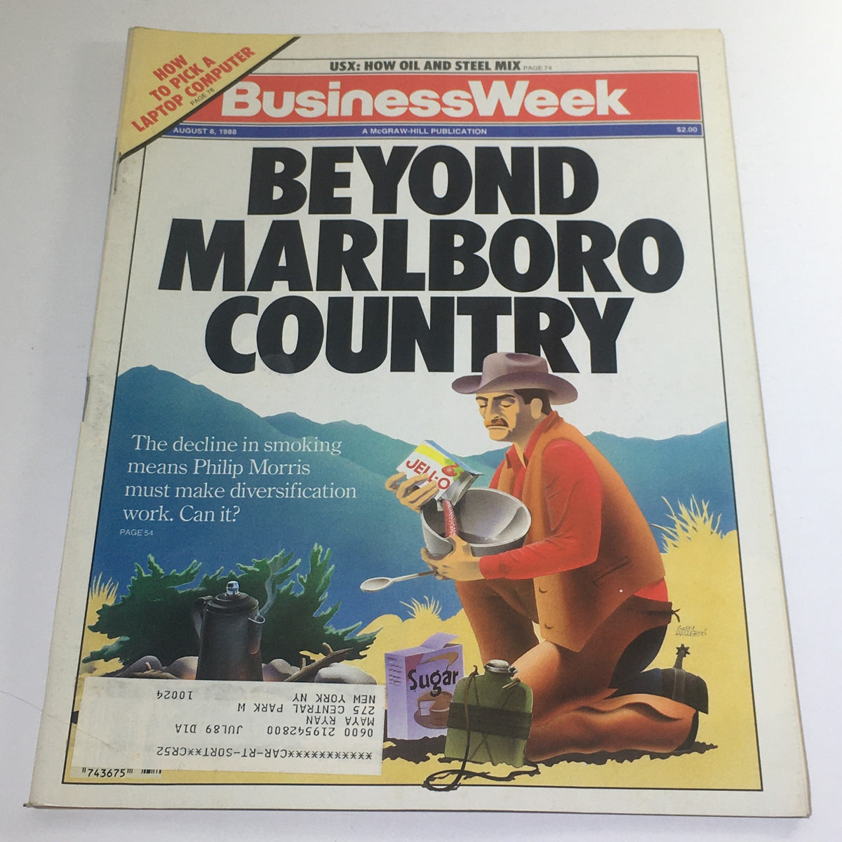 Business Week Magazine cover from August 8, 1988, featuring the title 'Beyond Marlboro Country'. The cover illustrates a man in a red shirt and cowboy hat kneeling with a can of Jell-O and a bowl, emphasizing the theme of diversification as the decline in smoking affects Philip Morris. The background includes mountains and greenery, alongside a depiction of a kettle and sugar package.