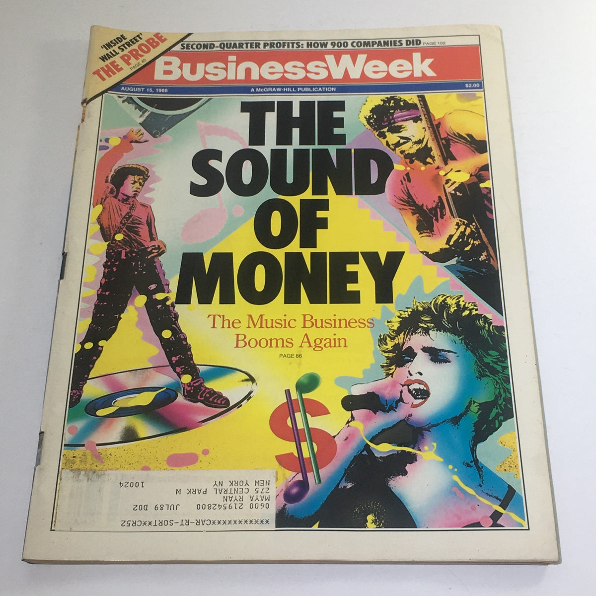 Business Week Magazine cover featuring the title 'The Sound of Money: The Music Business Booms Again', dated August 15, 1988, showcasing vibrant graphics and images related to the music industry.