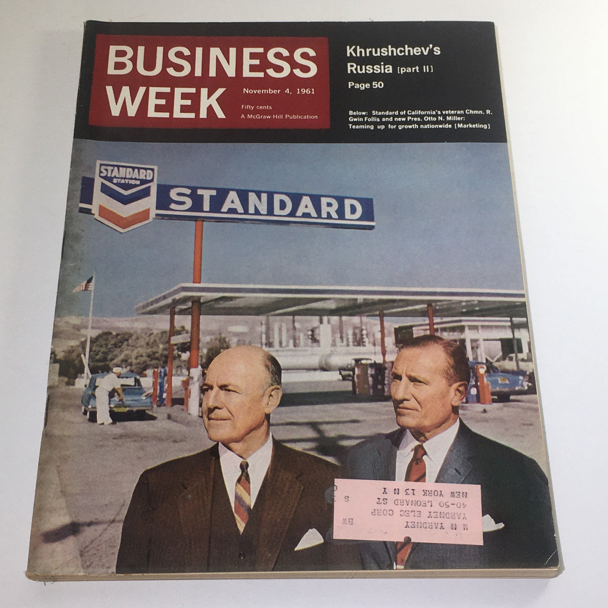 Cover of Business Week Magazine dated November 4, 1961, featuring Chairman Gwin Follis and President Otto Miller, with a Standard Station gas station in the background.