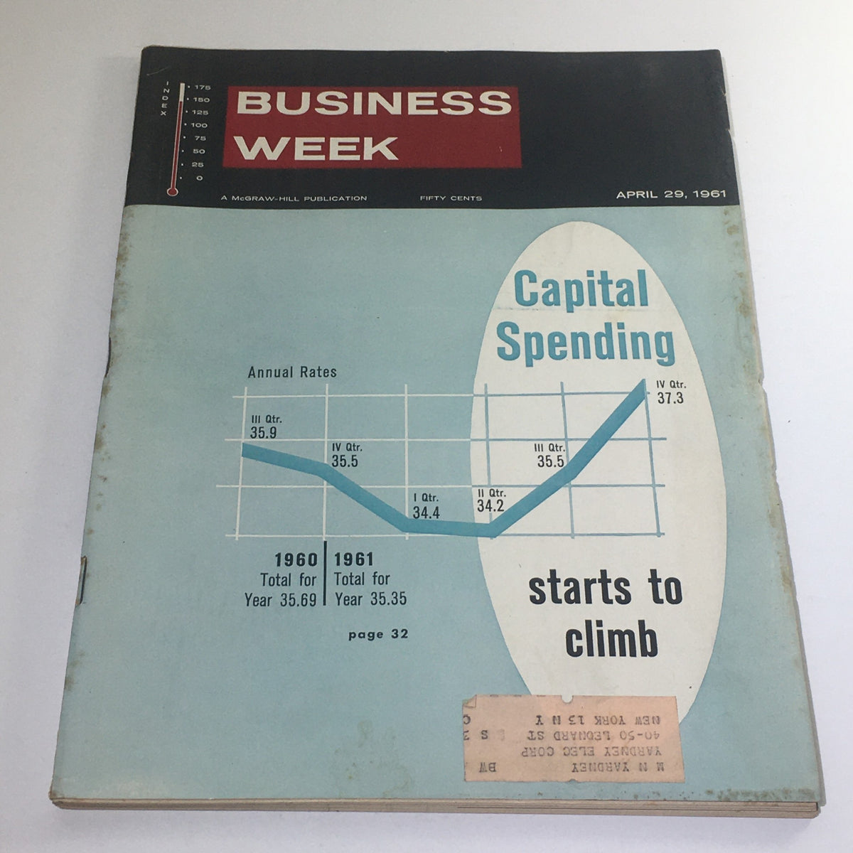 Cover of Business Week Magazine: April 29, 1961 - Capital Spending Starts To Climb featuring a graph illustrating annual rates of capital spending.