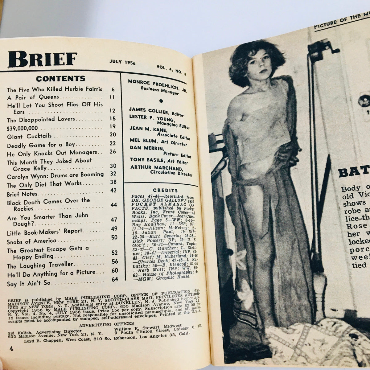 Inside page of VTG Brief Magazine July 1956 showing contents with articles including 'The Disappointed Lovers' and 'Carolyn Wynn: The Drums are Booming'.