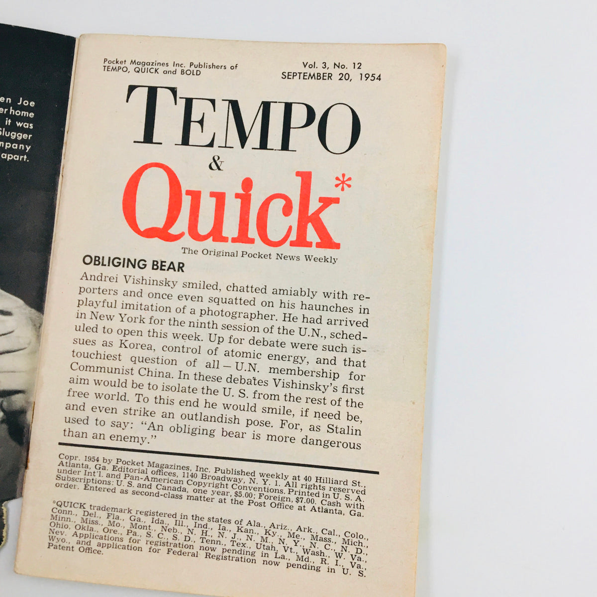 Interior page of VTG Tempo and Quick Magazine September 20 1954 displaying publication details and text, highlighting the magazine's historic context.