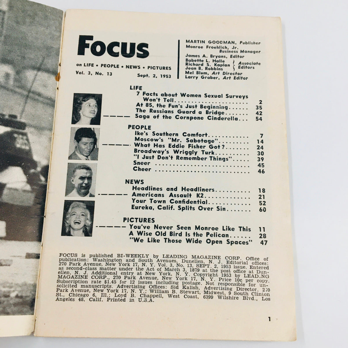 Inside view of Focus Magazine from September 2, 1953 featuring articles and content overview, including Dwight Eisenhower's Southern Comfort.