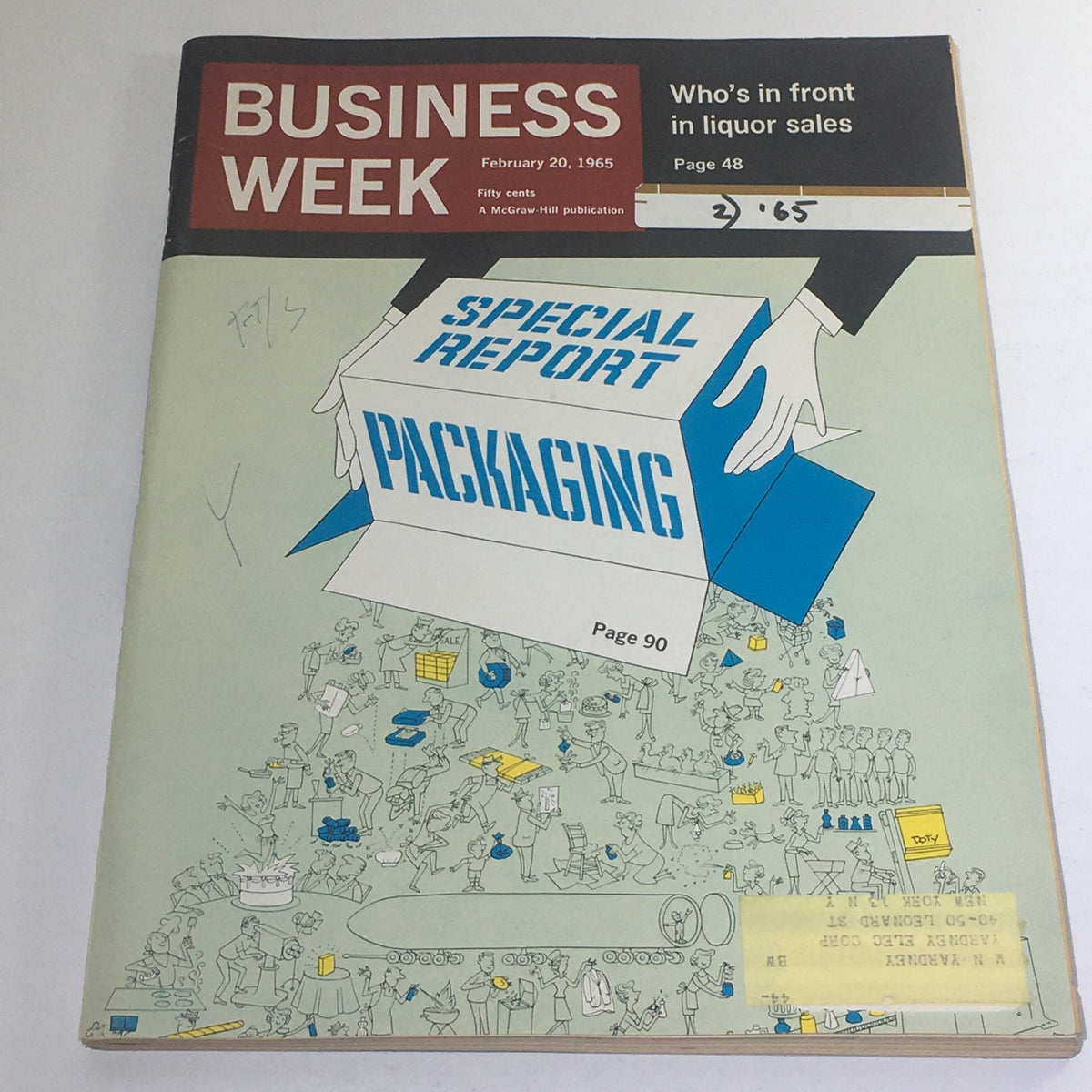 Cover of Business Week Magazine from February 20, 1965, showcasing a special report on packaging and liquor sales, with illustrations of various business activities.