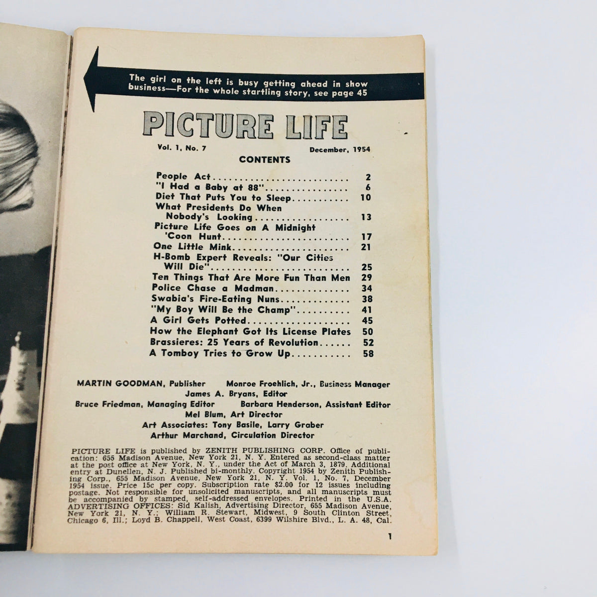 Inside page of VTG Picture Life Magazine December 1954 displaying the table of contents, highlighting articles reflective of mid-20th century culture and lifestyle.