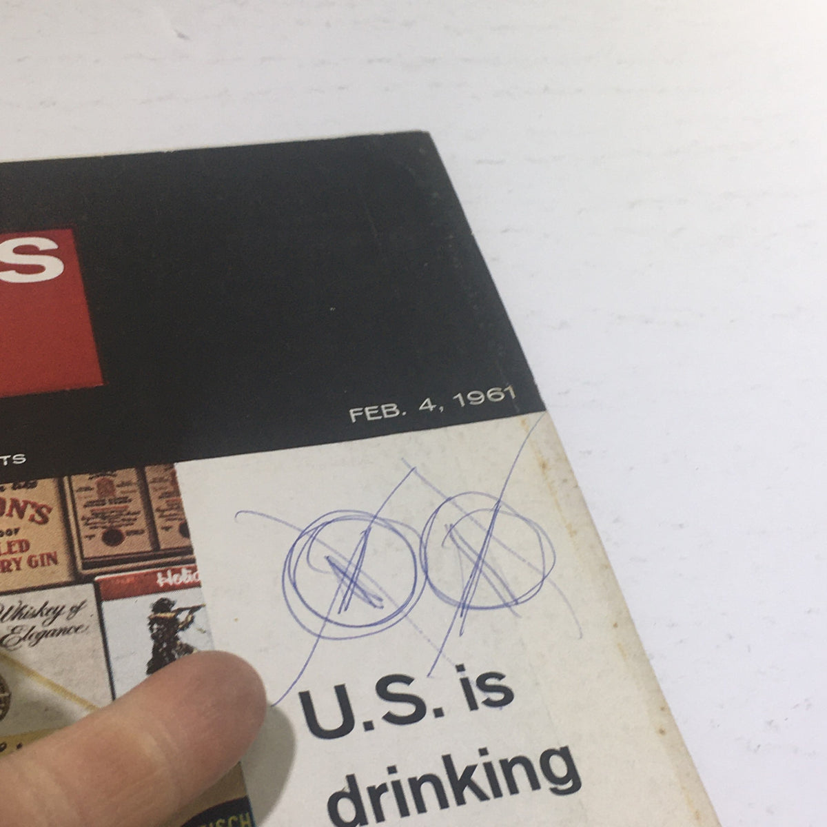 Close-up of the top portion of Business Week Magazine's cover, dated February 4, 1961, with the headline 'U.S. is drinking more - More kinds - More brands' highlighted.