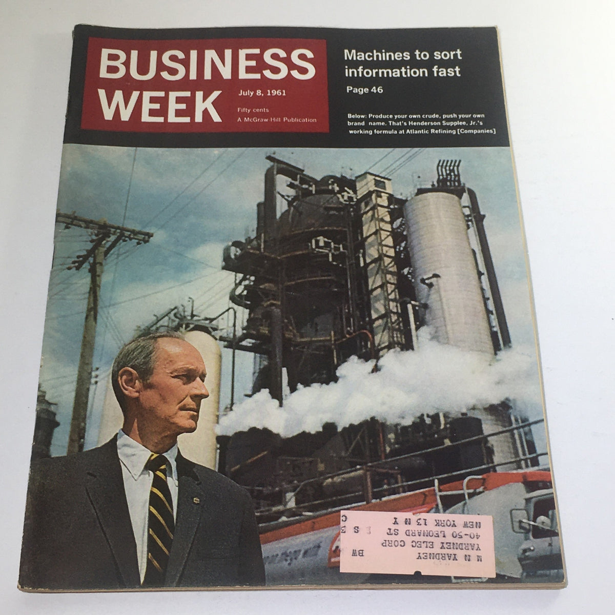 Business Week Magazine cover from July 8, 1961, featuring an industrial scene with a man in a suit in front of a factory. The cover highlights Henderson Supplee, Jr.'s Working Formula and includes the title 'Machines to sort information fast'.