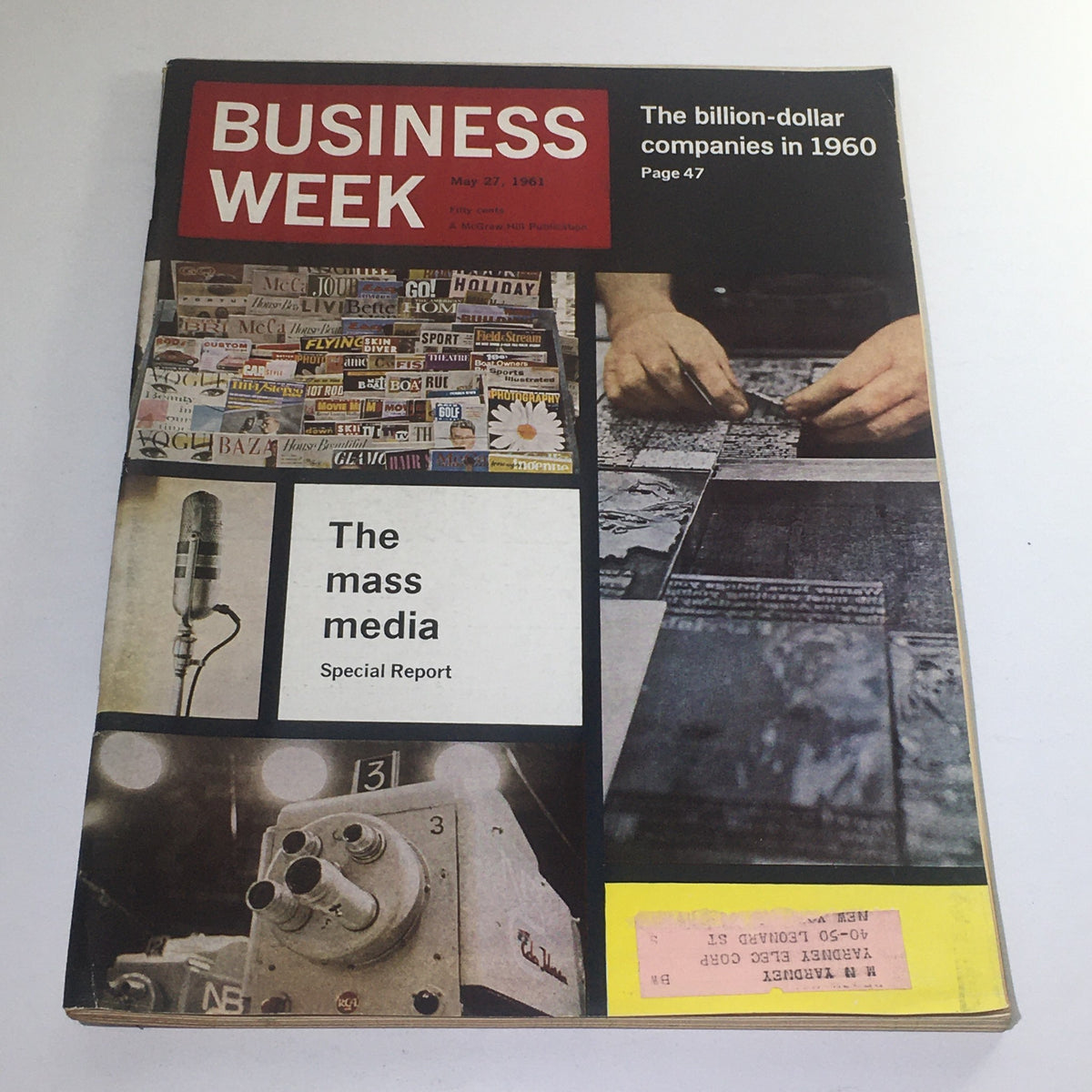 Cover of Business Week Magazine from May 27, 1961 featuring a special report on The Mass Media, showcasing vintage media elements including a microphone and various print materials.