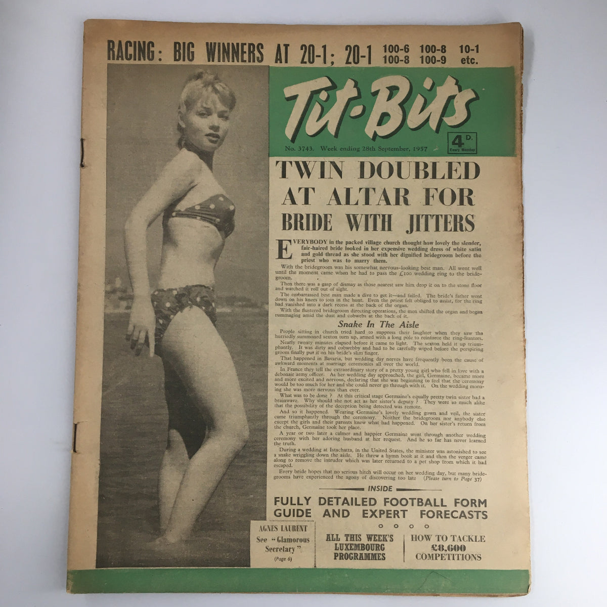 Cover of VTG Tit-Bits Magazine September 28 1957 featuring a woman in a bikini, with a headline about twins at an altar and a mention of Agnes Laurent as the 'Glamorous Secretary'.