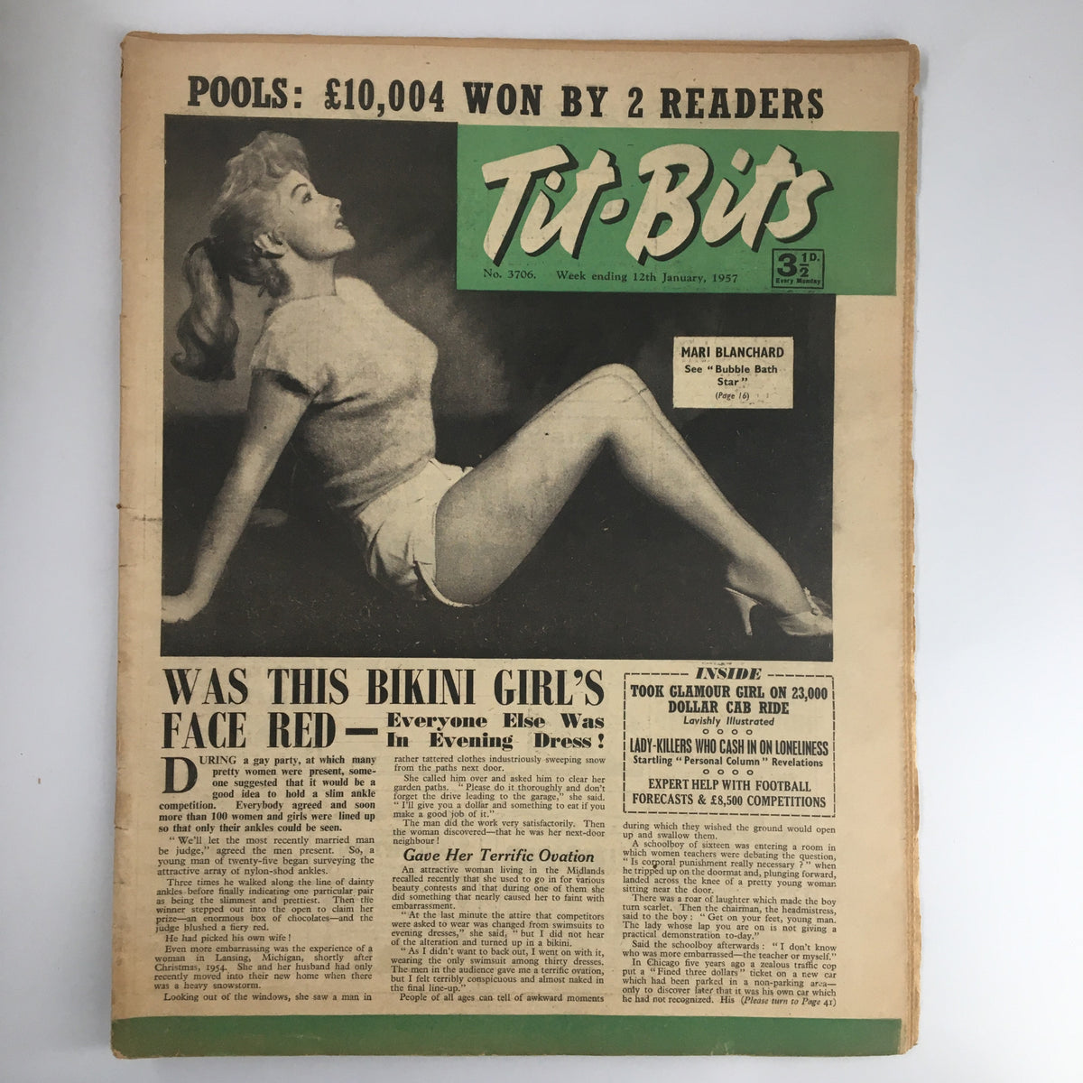 VTG Tit-Bits Magazine from January 12, 1957 featuring Mari Blanchard as the Bubble Bath Star on the cover, showcasing vintage design and imagery.