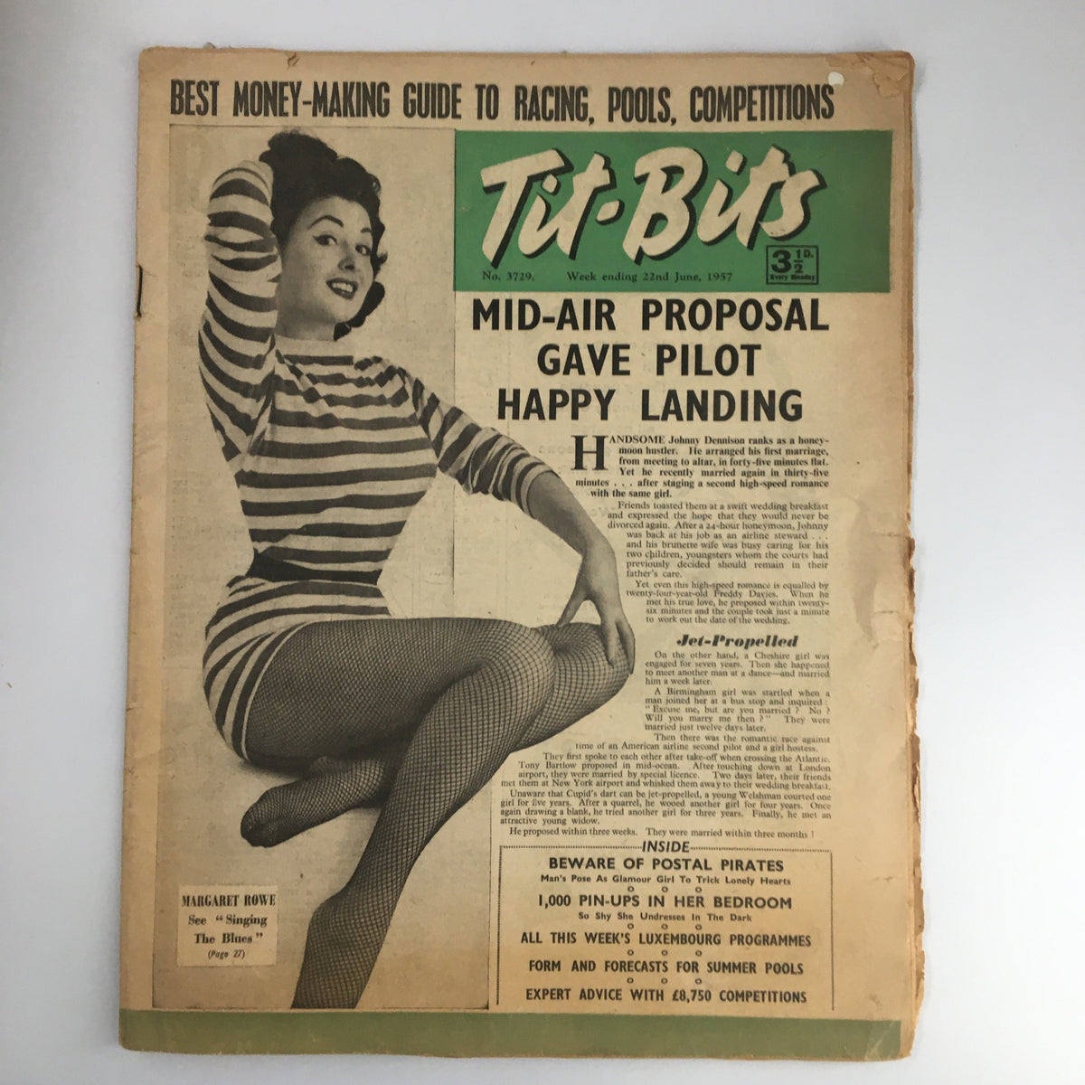 VTG Tit-Bits Magazine June 22 1957 cover featuring Margaret Rowe, showcasing her feature 'Singing The Blues' with vintage design elements and headlines.