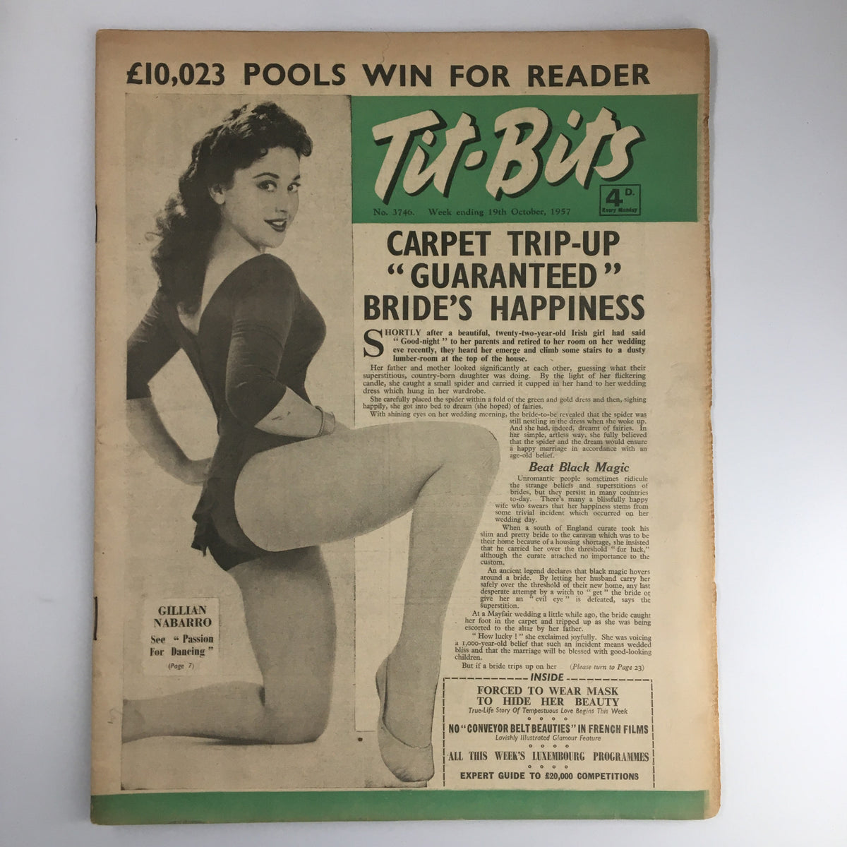 VTG Tit-Bits Magazine cover from October 19, 1957 featuring Gillian Nabarro and highlighting passion dancing. The magazine includes a headline about a bride’s happiness and depicts a classic mid-20th century aesthetic.
