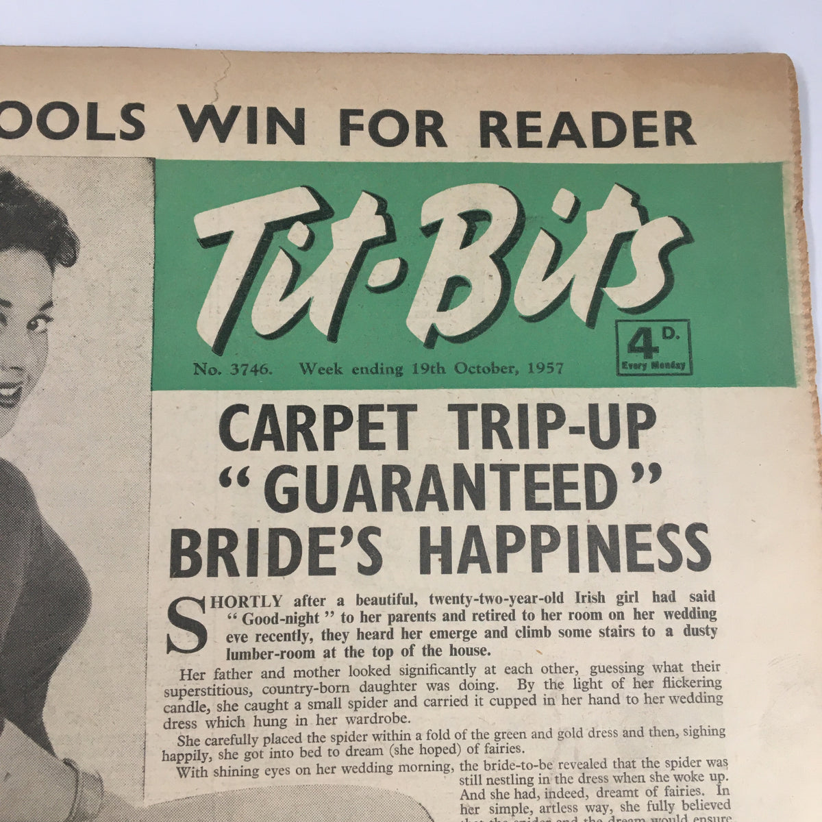 Close-up of VTG Tit-Bits Magazine cover from October 19, 1957, showcasing an article titled 'Carpet Trip-Up Guaranteed Bride's Happiness.' The magazine features Gillian Nabarro and reflects the vintage charm of the 1950s.
