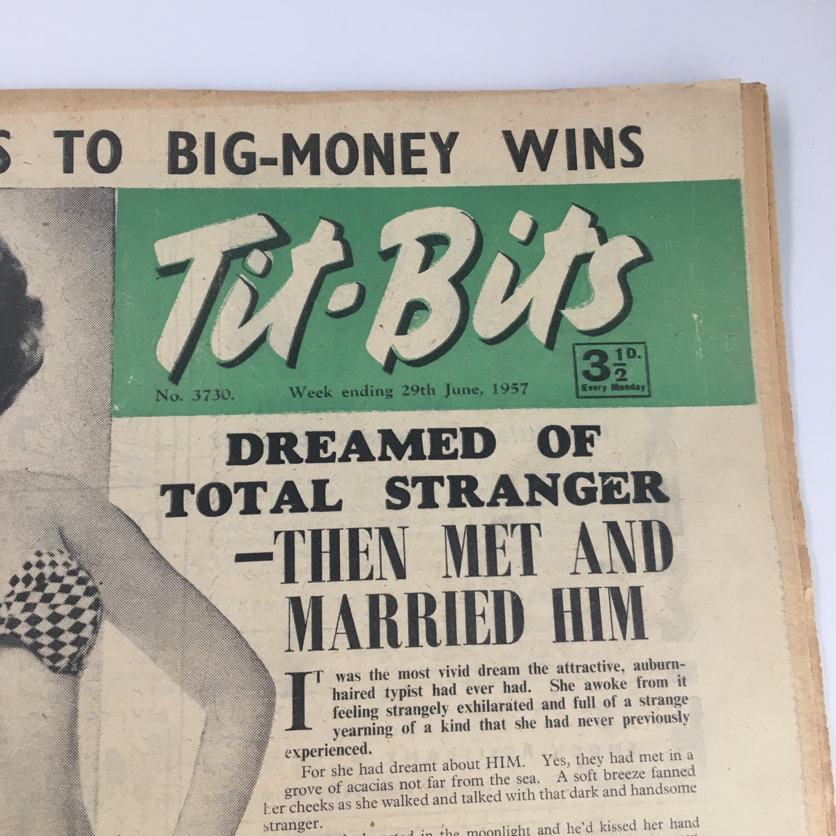 Close-up of the cover of VTG Tit-Bits Magazine from June 29, 1957, showcasing an article about dreaming of a total stranger with emphasis on the beauty tips by Julie Alexander, and featuring a model in a checkered bikini.
