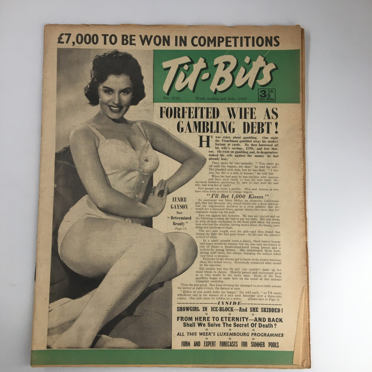 VTG Tit-Bits Magazine Cover - July 6, 1957 featuring Eunice Gayson as the Determined Beauty, showcasing vintage style and culture from the 1950s.