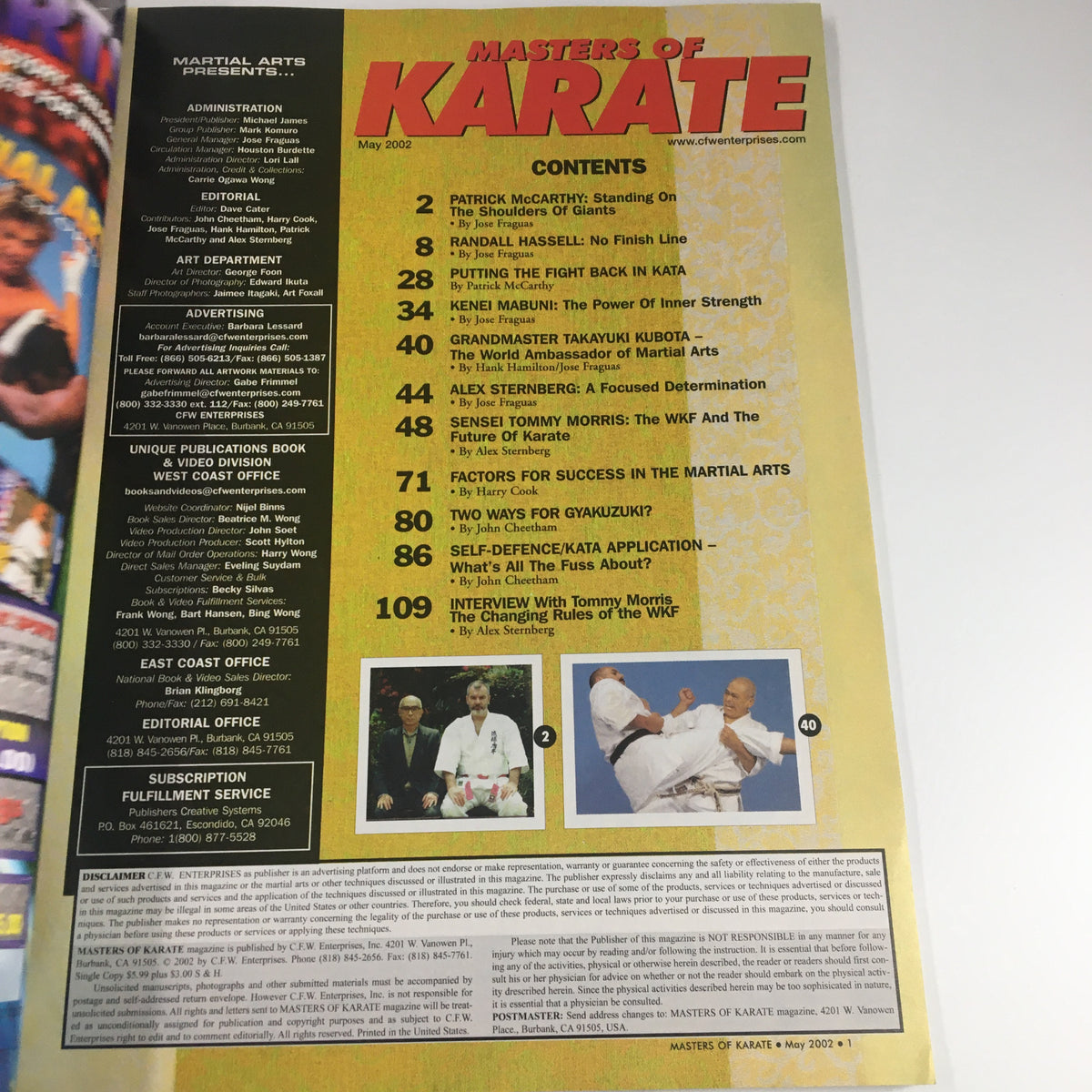 Contents page of Masters of Karate Magazine May 2002 listing articles by Patrick McCarthy, Randall Hassell, Kenji Mabuni, and others, focusing on martial arts success and philosophy.