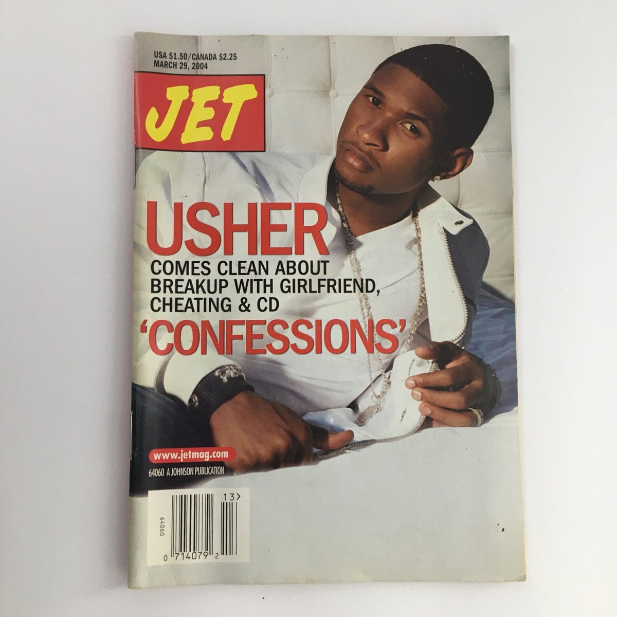 Jet Magazine cover from March 29, 2004 featuring Usher, with the headline 'Comes Clean About Breakup With Girlfriend, Cheating & CD Confessions.'