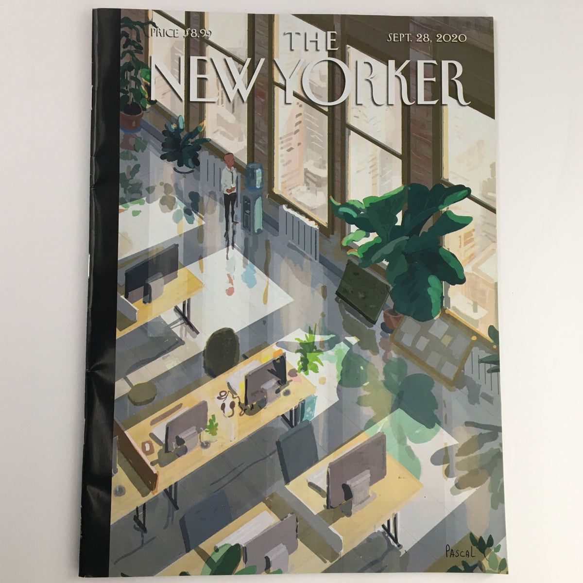 The New Yorker September 28 2020 Full Magazine Theme Cover by Pascal Campion, featuring a serene office interior with potted plants and computer desks, showcasing modern artistry and thoughtful commentary.