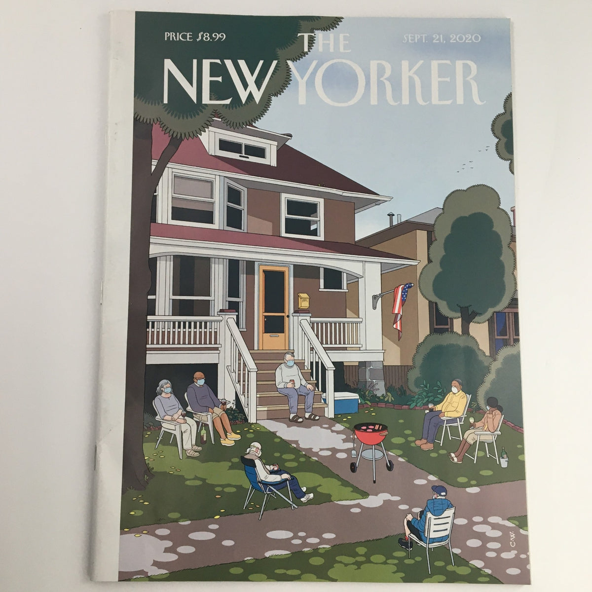 The New Yorker September 21 2020 Full Magazine Theme Cover, illustrated by Chris Ware, showcasing a charming scene with people relaxing in a suburban backyard.