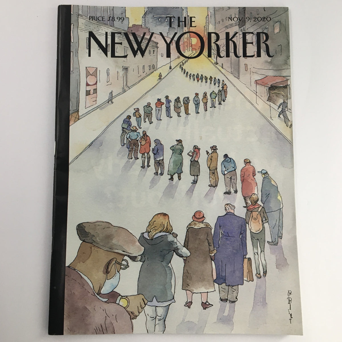 The New Yorker November 9, 2020 Full Magazine Cover featuring artwork by Barry Blitt, depicting a line of people in a city setting, showcasing themes of contemporary culture and events, ideal for vintage magazine collectors.