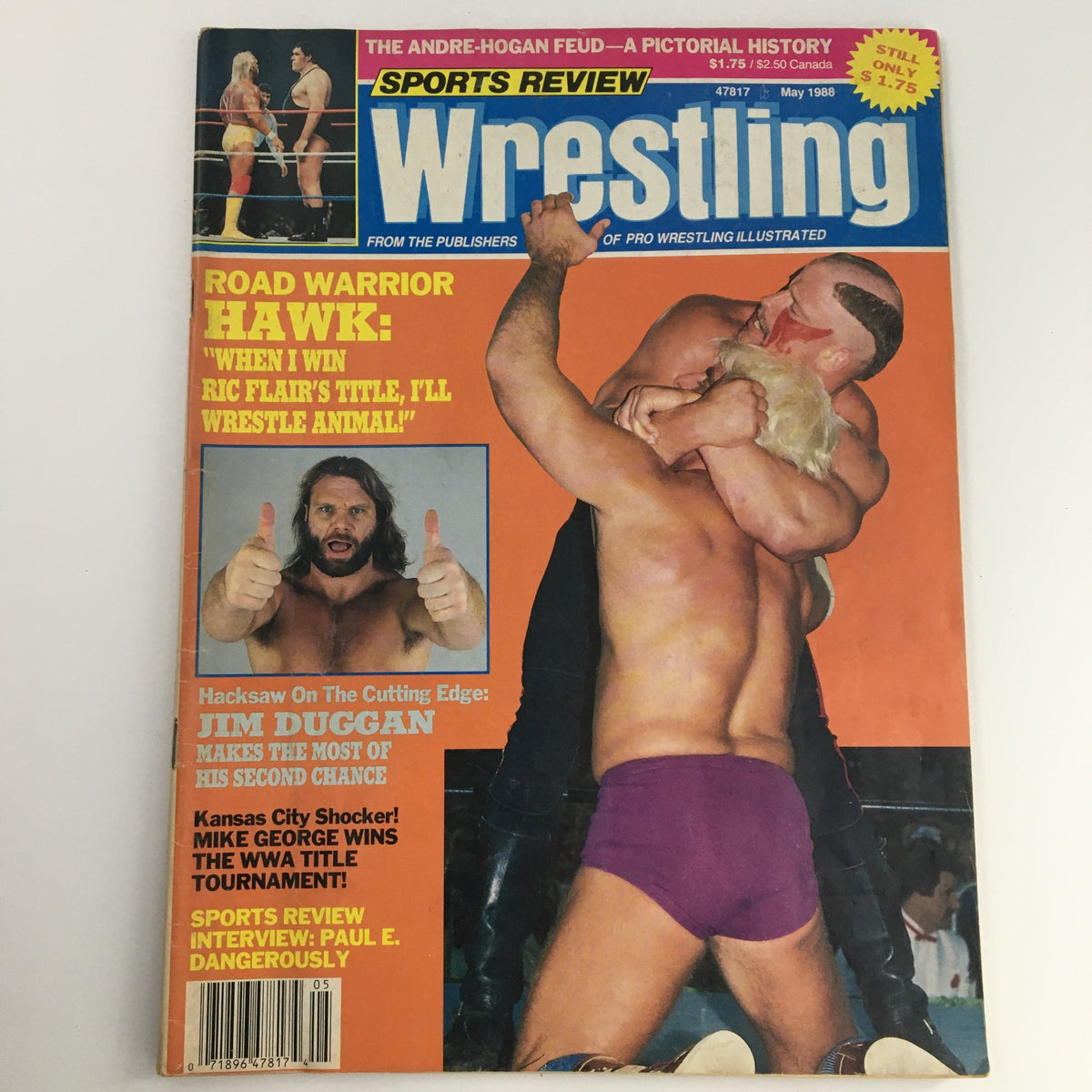 Cover of Sports Review Wrestling Magazine May 1988 featuring Andre The Giant and Hulk Hogan, showcasing famous wrestlers during a match.