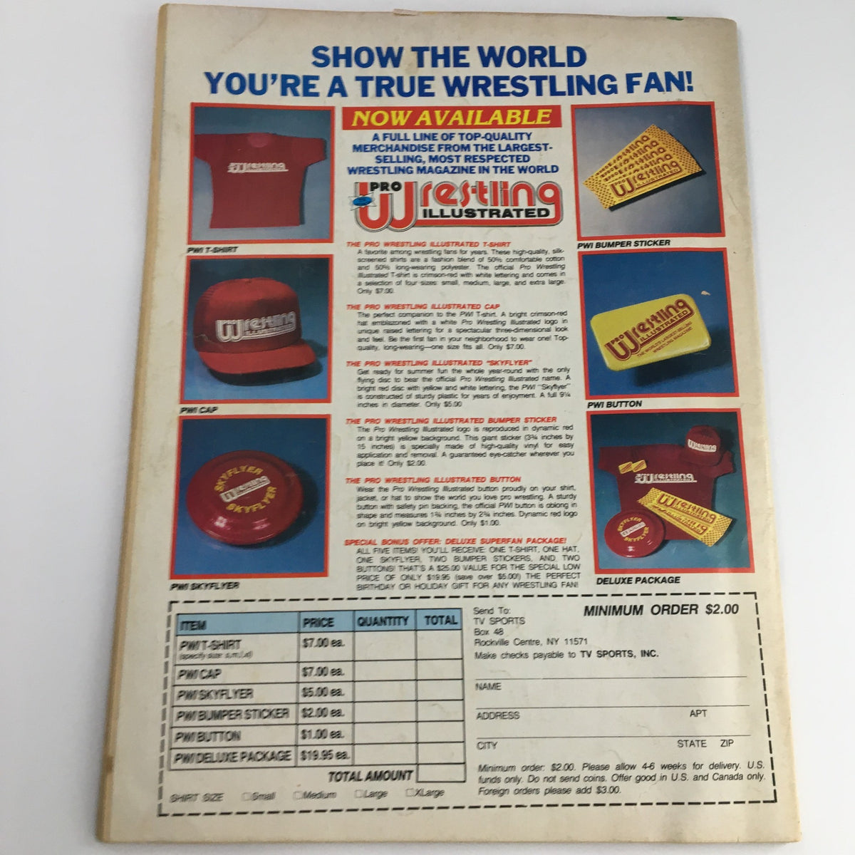 Back cover of Sports Review Wrestling Magazine May 1988 showcasing merchandise including t-shirts, caps, bumper stickers, and buttons available through Pro Wrestling Illustrated. This nostalgic piece features promotions for wrestling fan apparel and collectibles.