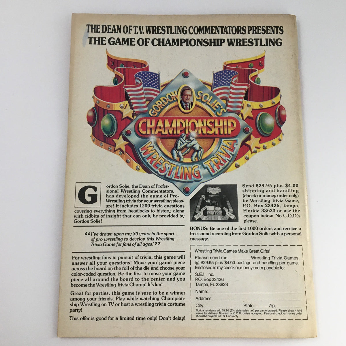 Wrestler Annual Magazine Summer 1988: The back cover featuring a promotional image for Gordon Solie's Championship Wrestling Trivia game, highlighting wrestling culture and entertainment.