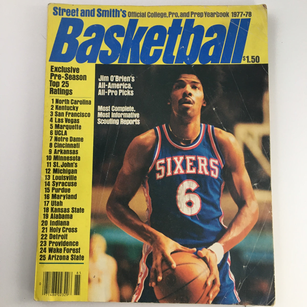 Cover of Street & Smith's Official College, Pro & Prep Yearbook 1977-1978 featuring basketball player in Sixers jersey, with prominent text indicating 'Basketball' and listing top 25 college teams.