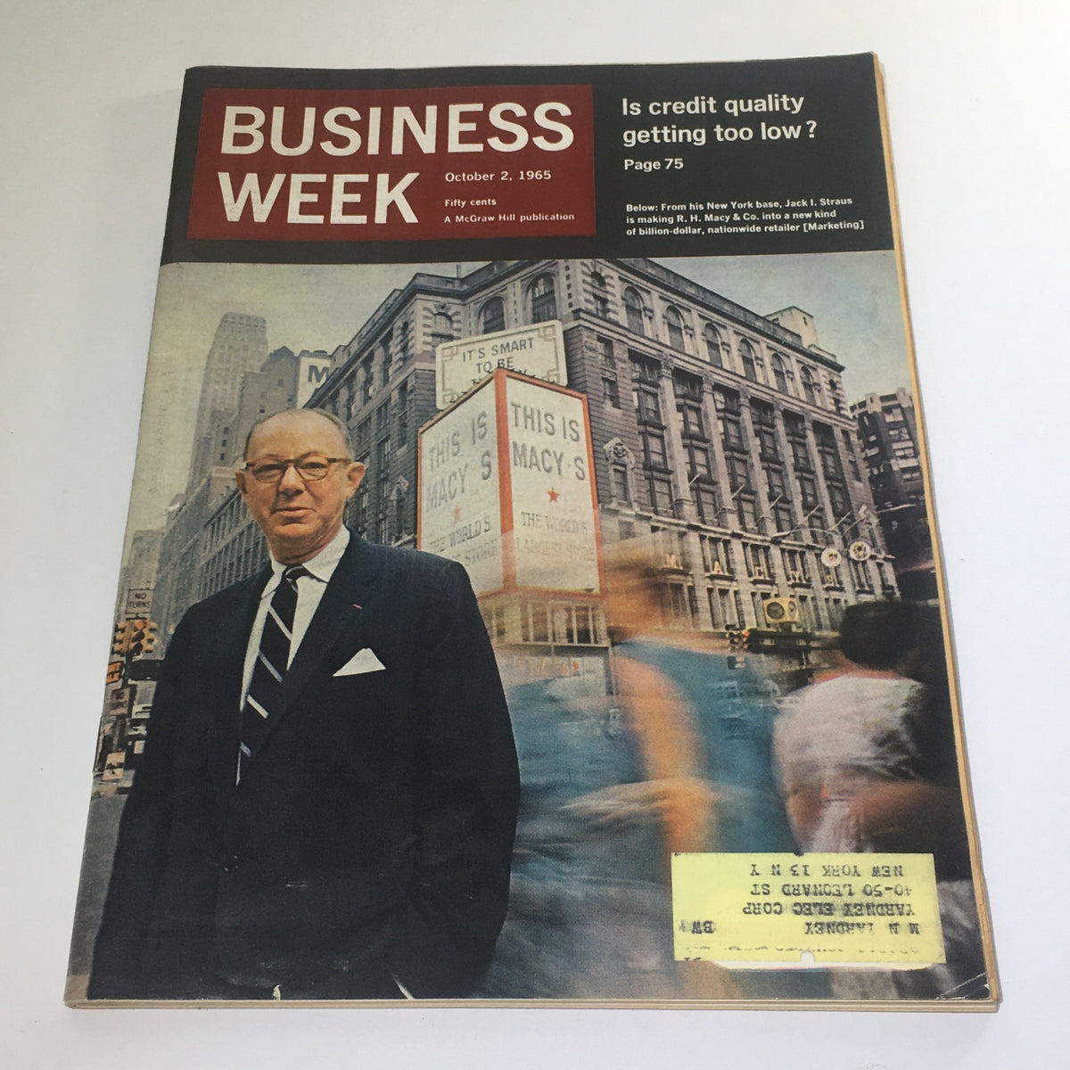 Vintage Business Week Magazine cover from October 2, 1965 featuring R.H. Macy & Co. and Jack I. Straus, highlighting retail history and the corporate landscape of the 1960s.