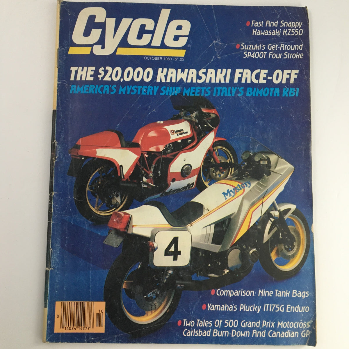 Cycle Magazine October 1980 featuring Bimota KB1 and Suzuki SP400T motorcycles on the cover, highlighting the $20,000 Kawasaki face-off with vintage motorcycle design and performance.