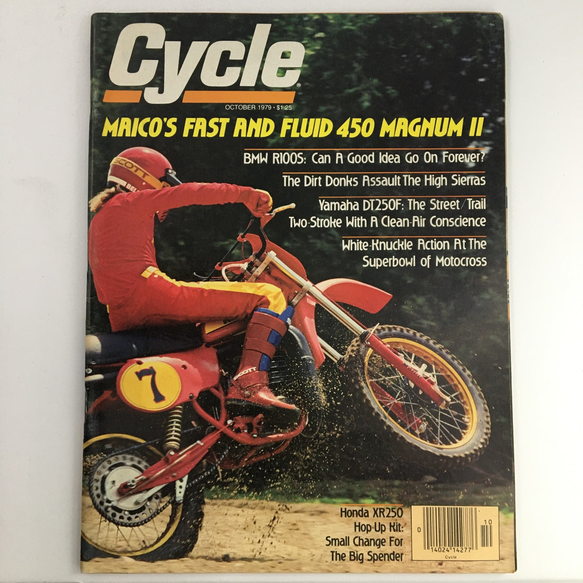 Cover of Cycle Magazine from October 1979 featuring Maico 450 Magnum II, BMW R100S, and Yamaha DT250F, showcasing a motocross rider in action on a dirt bike with vibrant graphics.