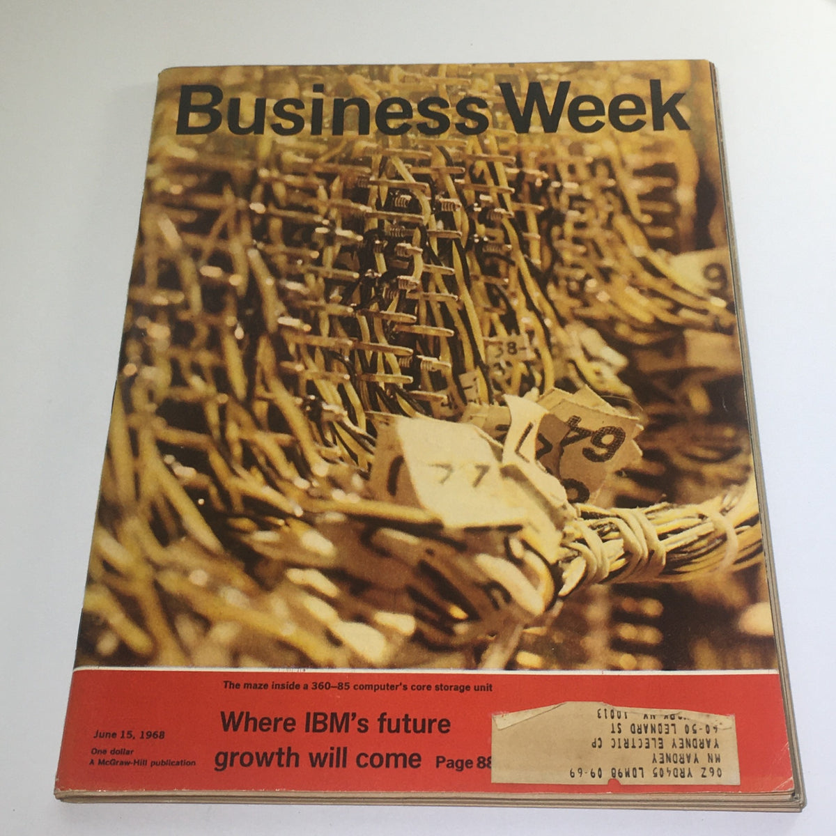 Cover of Business Week Magazine dated June 15, 1968, featuring a close-up image of a maze inside a 360-85 computer core storage, emphasizing advancements in computer technology.