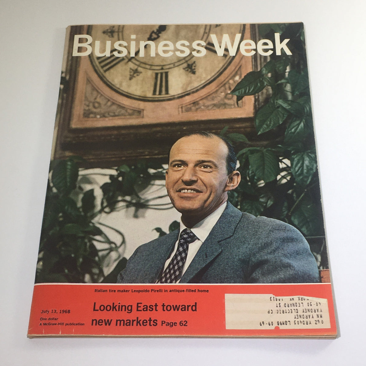 Cover of Business Week Magazine from June 13, 1968, featuring Italian tire maker Leopoldo Pirelli in an antique-filled setting. The issue discusses looking east toward new markets in the automotive industry.