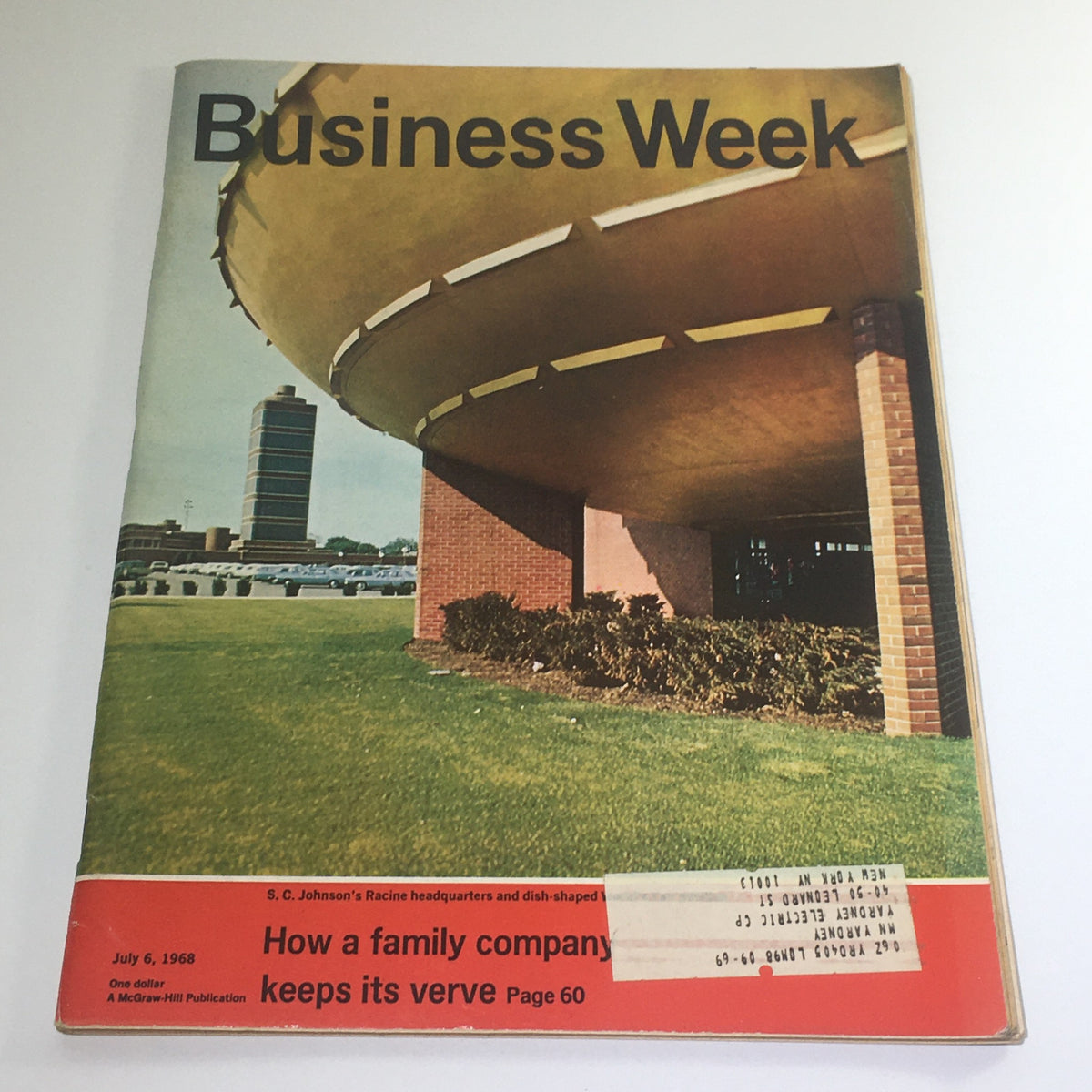 Cover of Business Week Magazine: July 6, 1968, featuring S.C. Johnson's dish-shaped headquarters, showcasing modern architectural design and a glimpse of corporate culture in the 1960s.