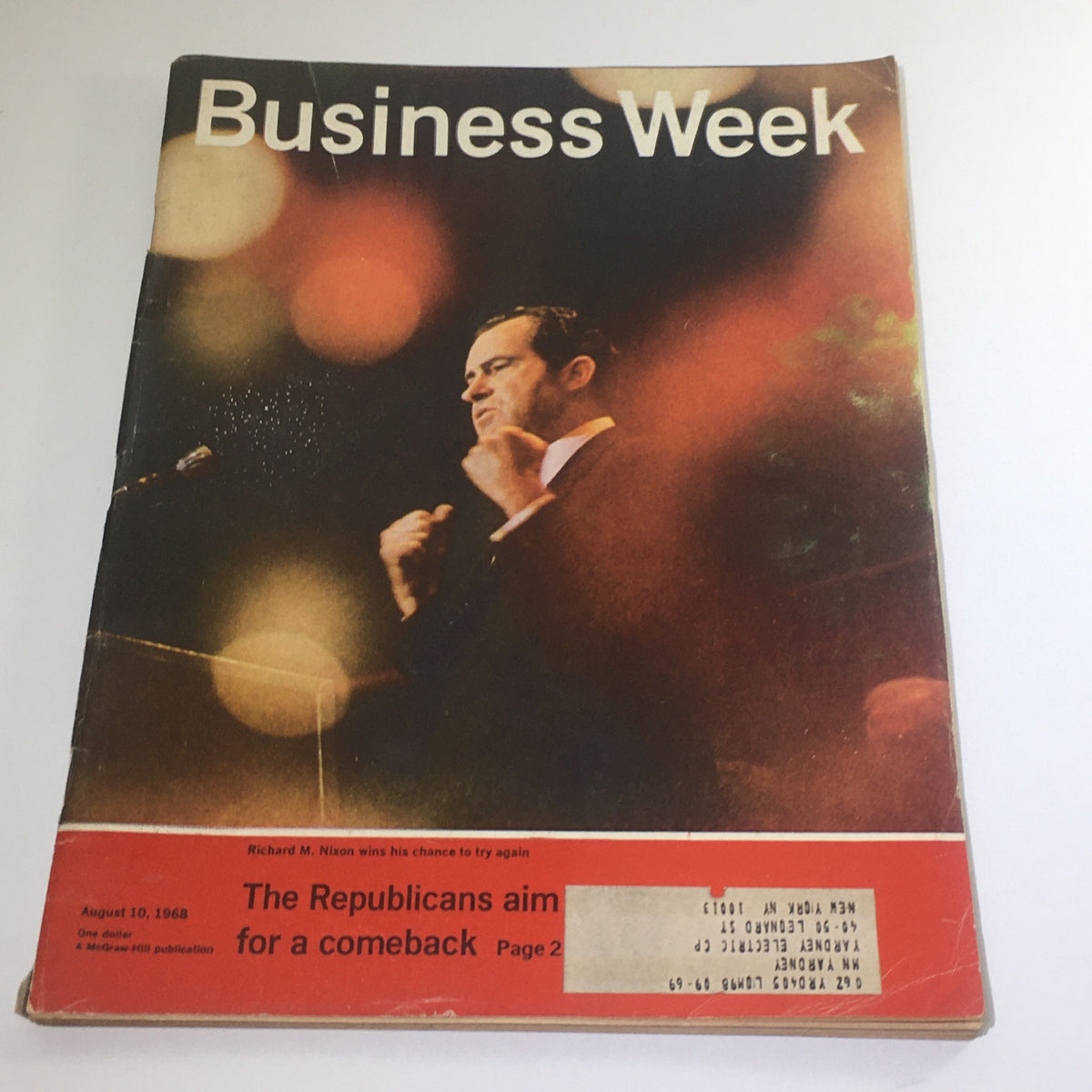 Cover of Business Week Magazine from August 10, 1968 featuring the title 'Richard M. Nixon Wins His Chance To Try' with Nixon speaking at a podium and the headline about Republicans aiming for a comeback.