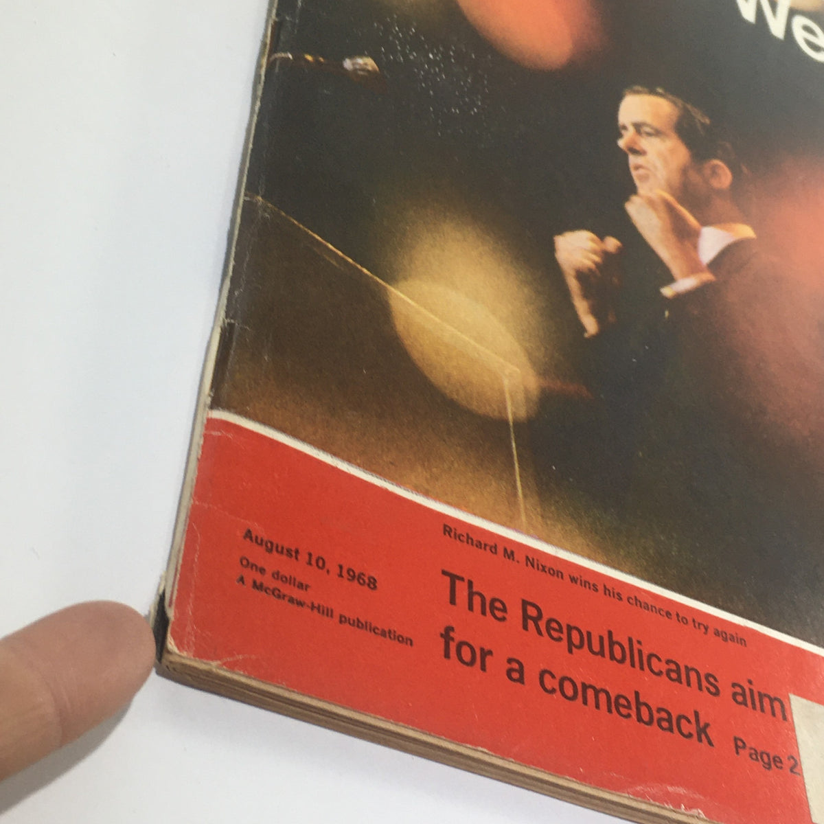 Close-up of the spine and corner of Business Week Magazine dated August 10, 1968 showcasing the title 'Richard M. Nixon Wins His Chance To Try' and details including publication date and price.