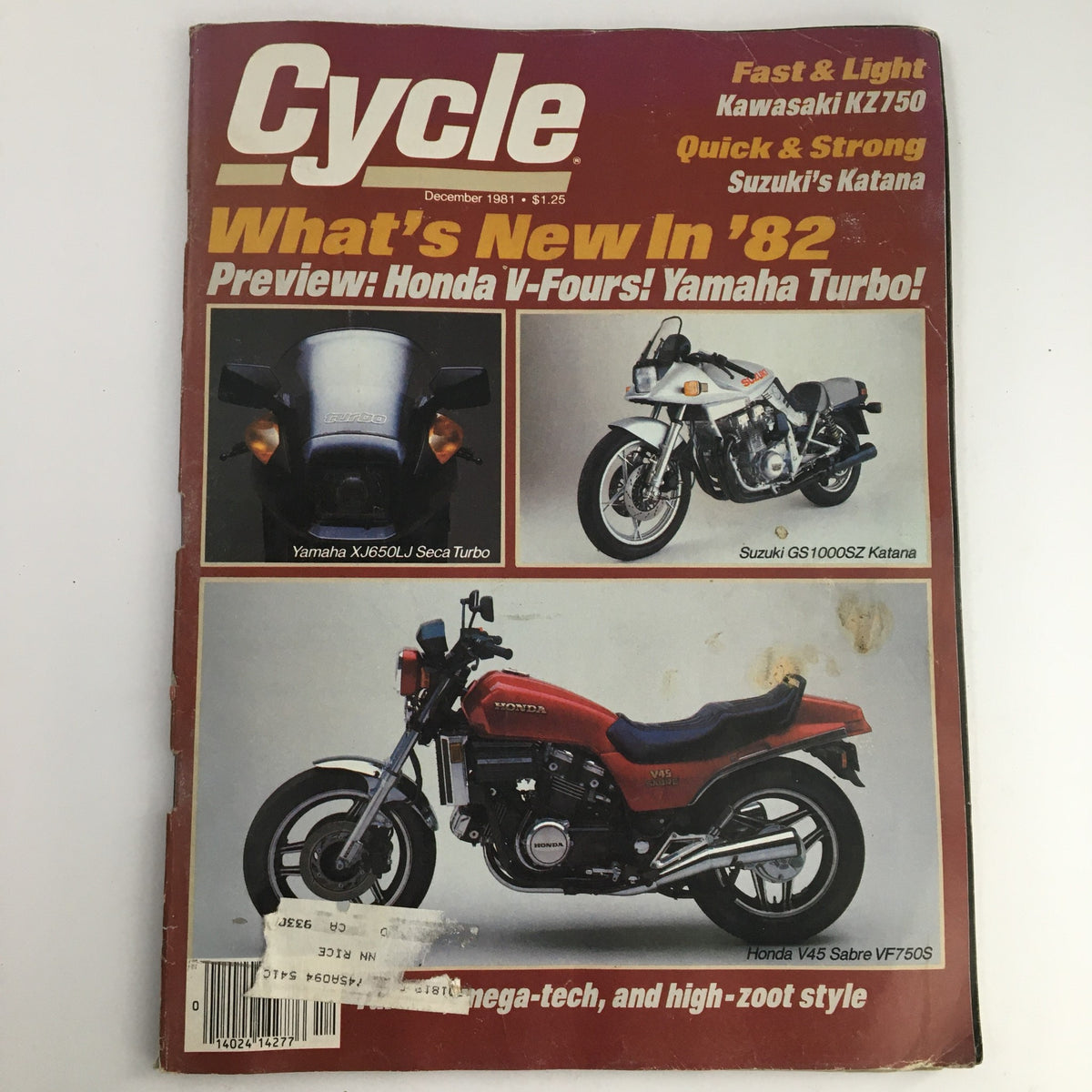 Cover of Cycle Magazine from December 1981 featuring Yamaha XJ650LJ Seca Turbo and Suzuki GS1000SZ Katana, showcasing iconic motorcycles from the early '80s.