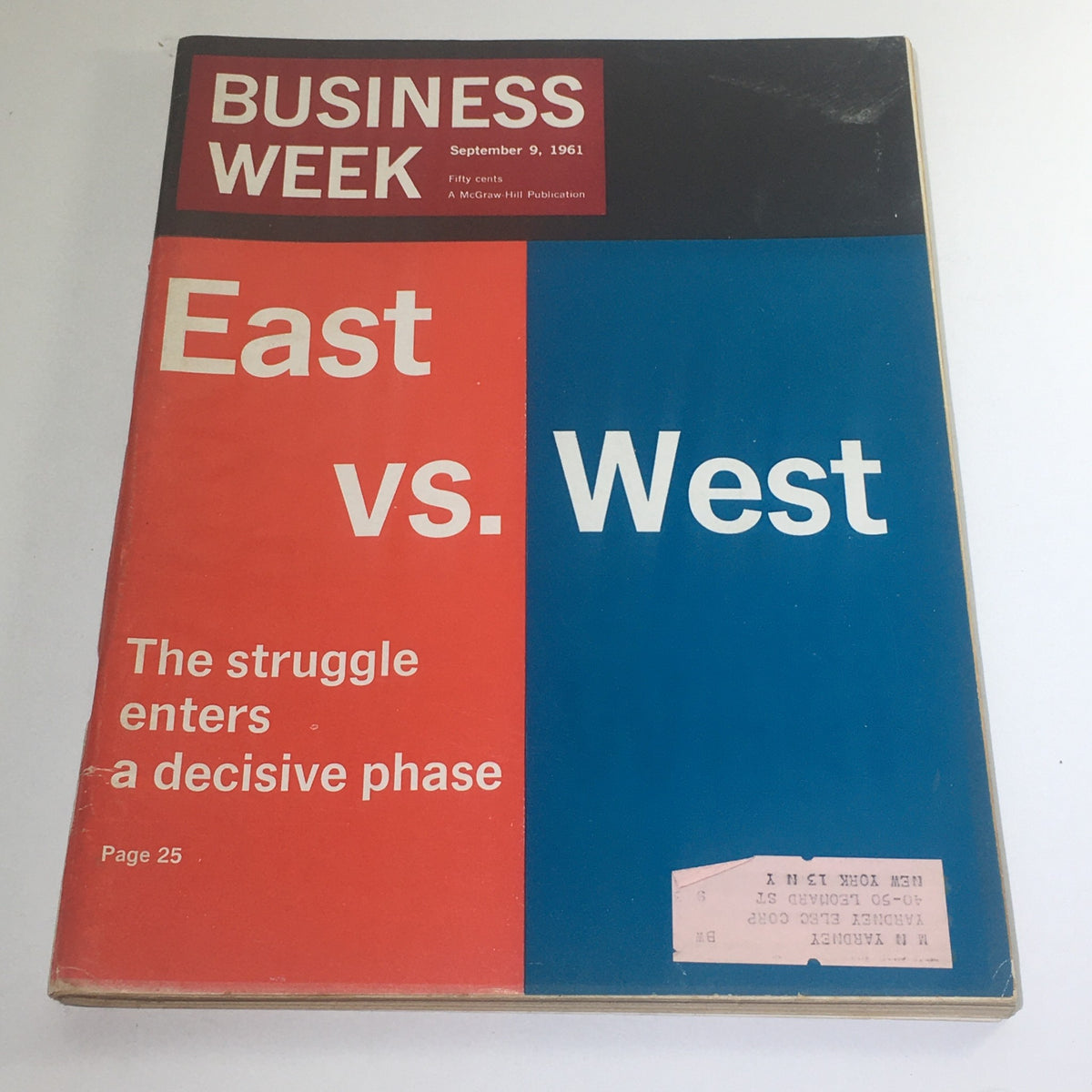 Cover of Business Week Magazine: September 9, 1961 - East vs West, The Struggle Enters, featuring bold red and blue design with the text 'East vs. West' and a description of the struggle entering a decisive phase.