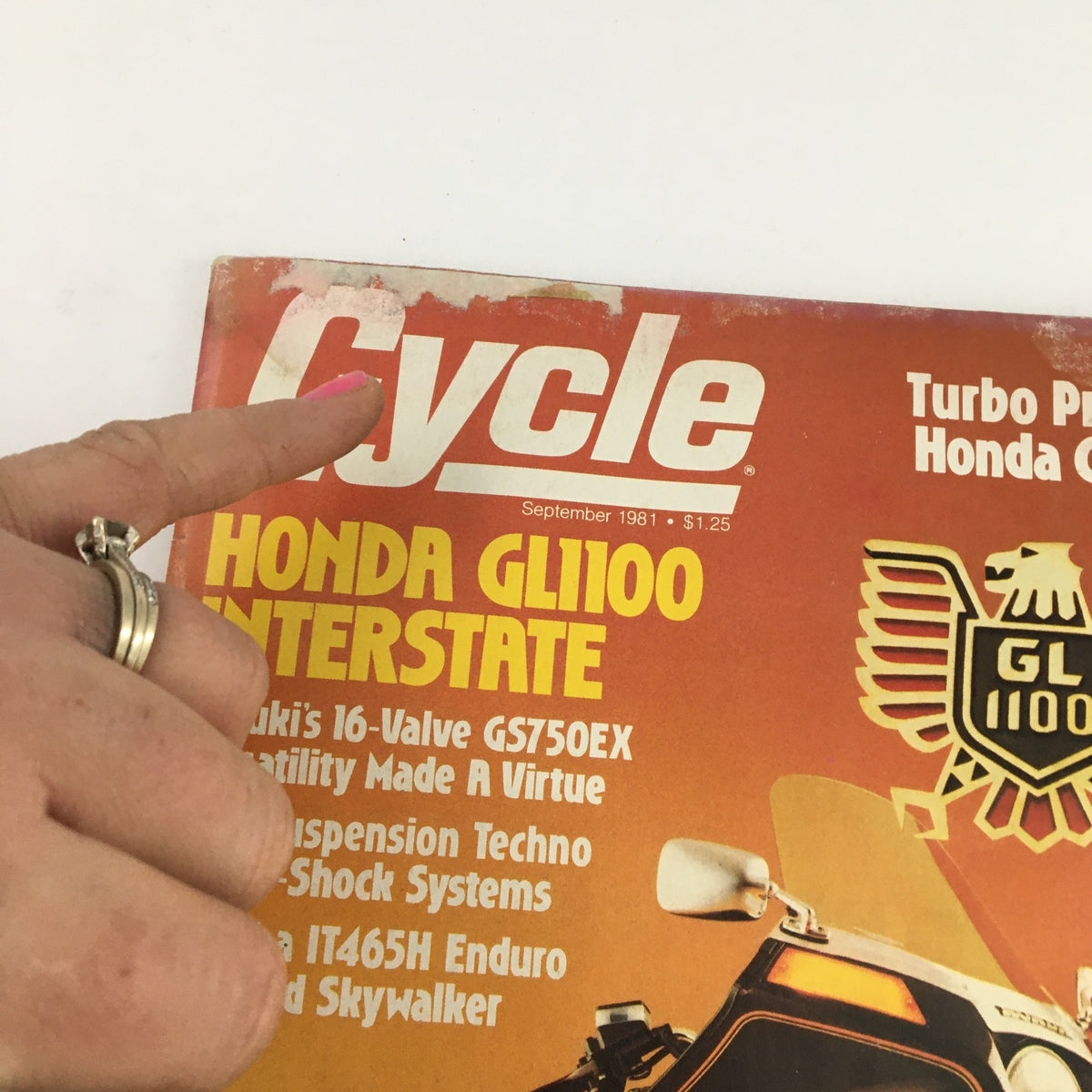 Close-up image of the Cycle Magazine September 1981 cover highlighting Honda GL1100, with details of Suzuki GS750EX and Yamaha IT465H.
