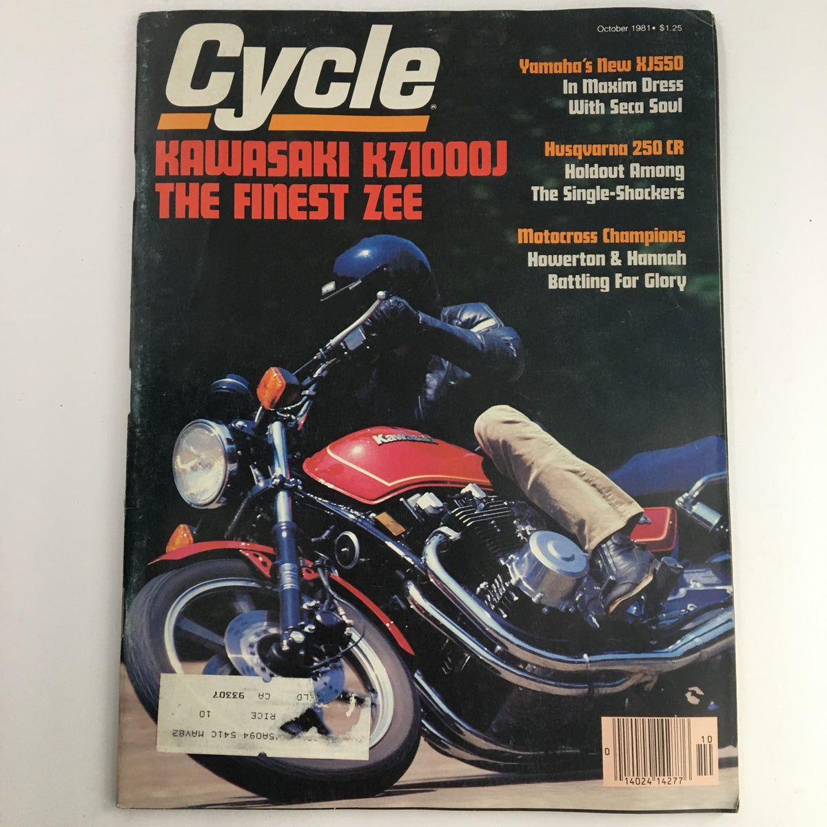 Cycle Magazine October 1981 cover featuring the Kawasaki KZ1000J motorcycle, along with highlights about the Yamaha XJ550, Husqvarna 250 CR, and features on motocross champions.
