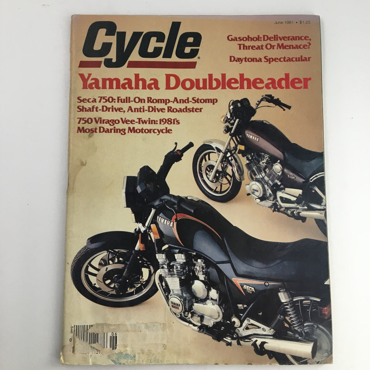 Cycle Magazine June 1981 featuring the Yamaha Doubleheader showcasing the Seca 750 and 750 Virago Vee-Twin motorcycles on the cover. This vintage magazine highlights motorcycle culture and engineering advancements from the early 1980s.