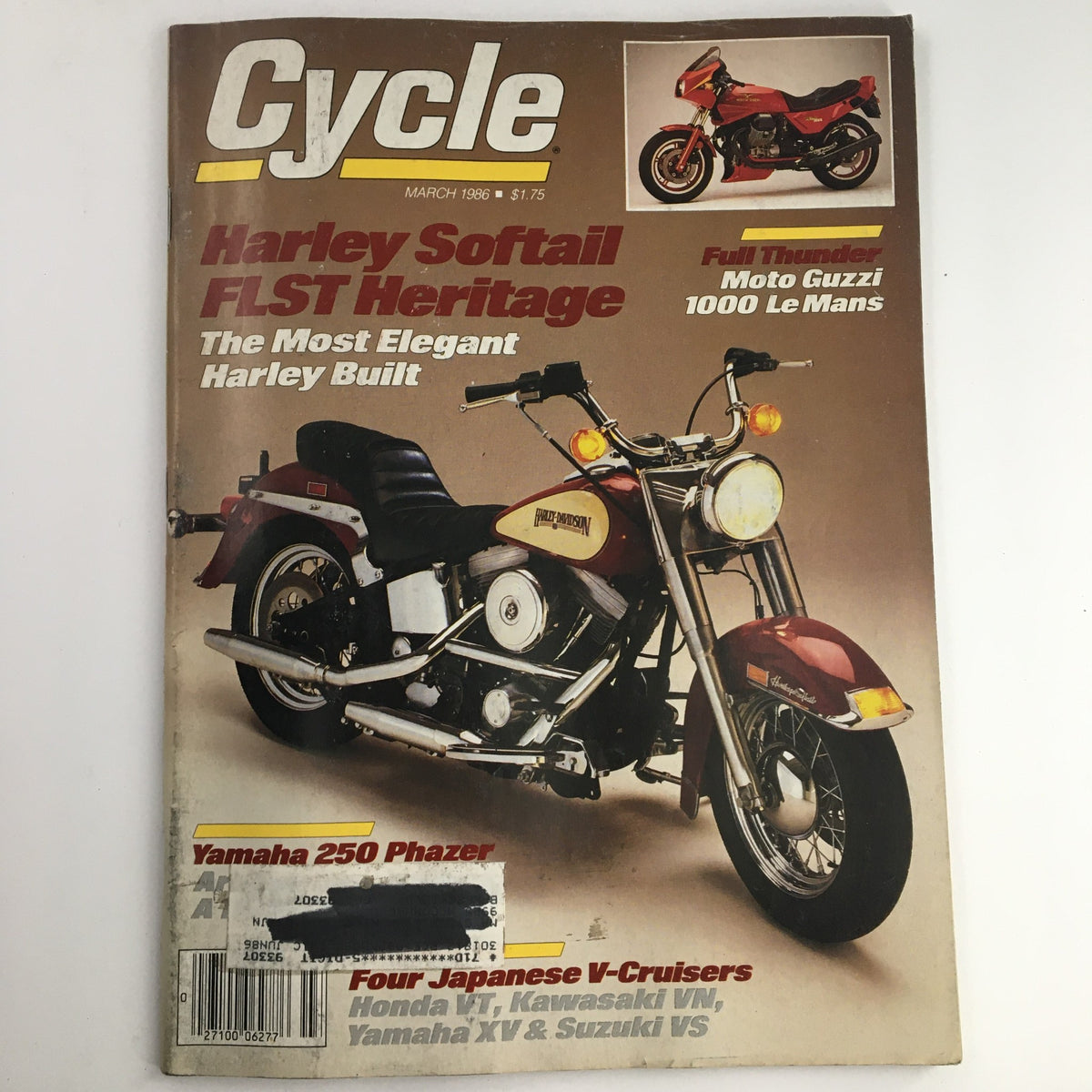 Cycle Magazine March 1986 featuring the Harley Softail FLST Heritage on the cover, showcasing the elegance of this classic motorcycle alongside the Yamaha 250 Phazer.