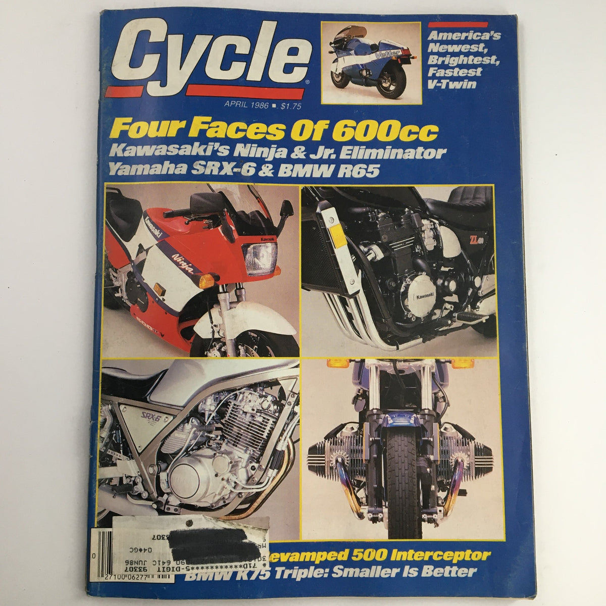 Cycle Magazine April 1986 cover featuring iconic motorcycles including Kawasaki Ninja, Jr. Eliminator, Yamaha SRX-6, and BMW R65 with highlighted sections showcasing vintage bike engineering and design.