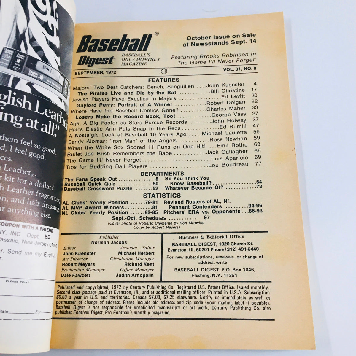 Inside page of VTG Baseball Digest Magazine September 1972, featuring table of contents and articles covering baseball topics and notable players.