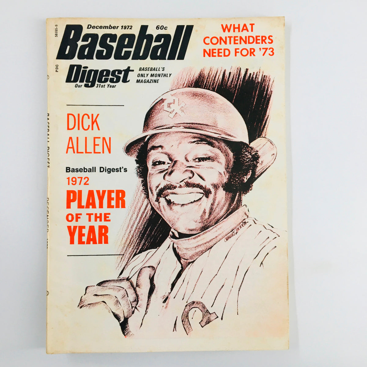 Cover of VTG Baseball Digest Magazine December 1972 featuring Dick Allen as Player of the Year with vintage cover art. Ideal for baseball collectors.