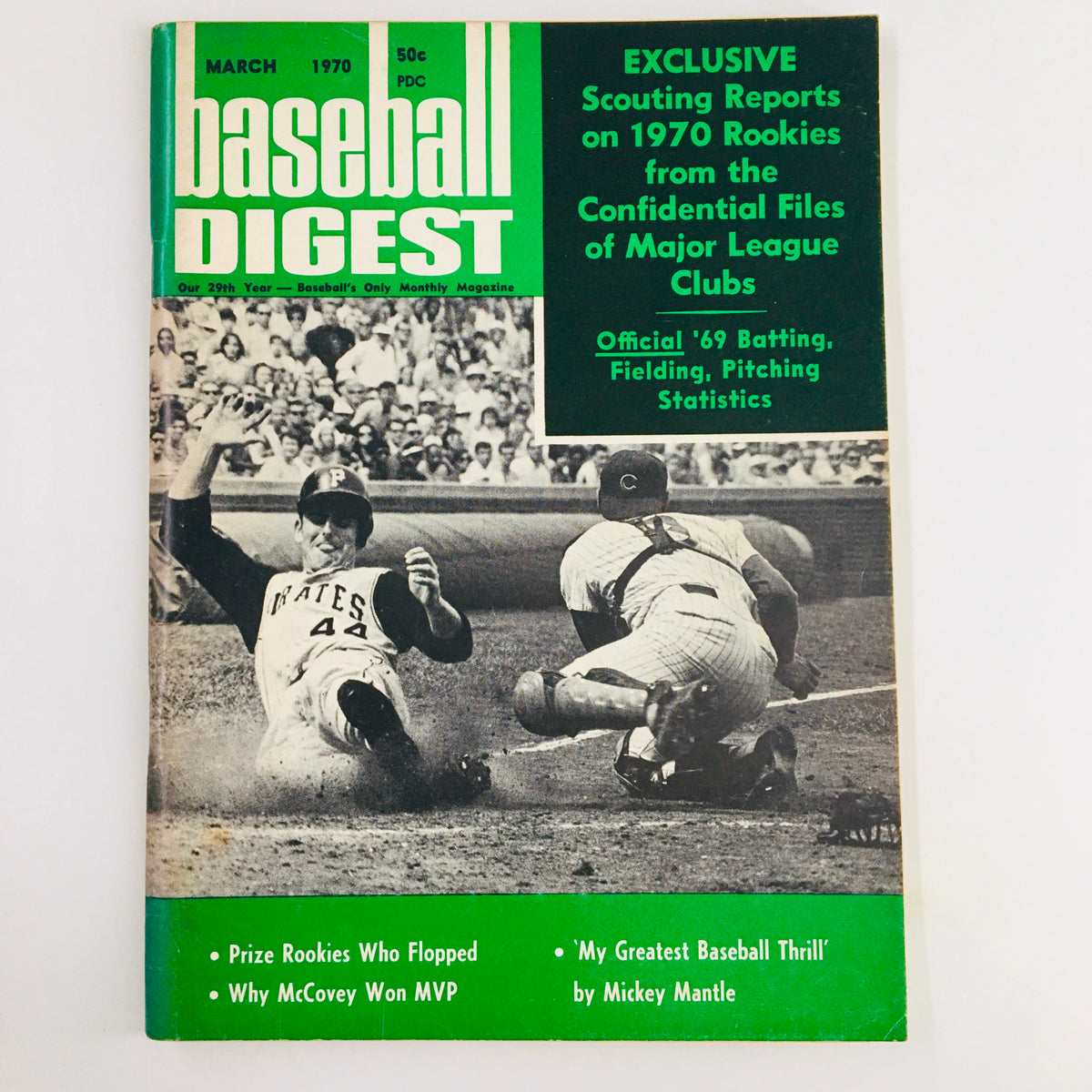 March 1970 issue of Baseball Digest featuring Mickey Mantle on the cover, showcasing baseball highlights and articles, part of a collectible series.