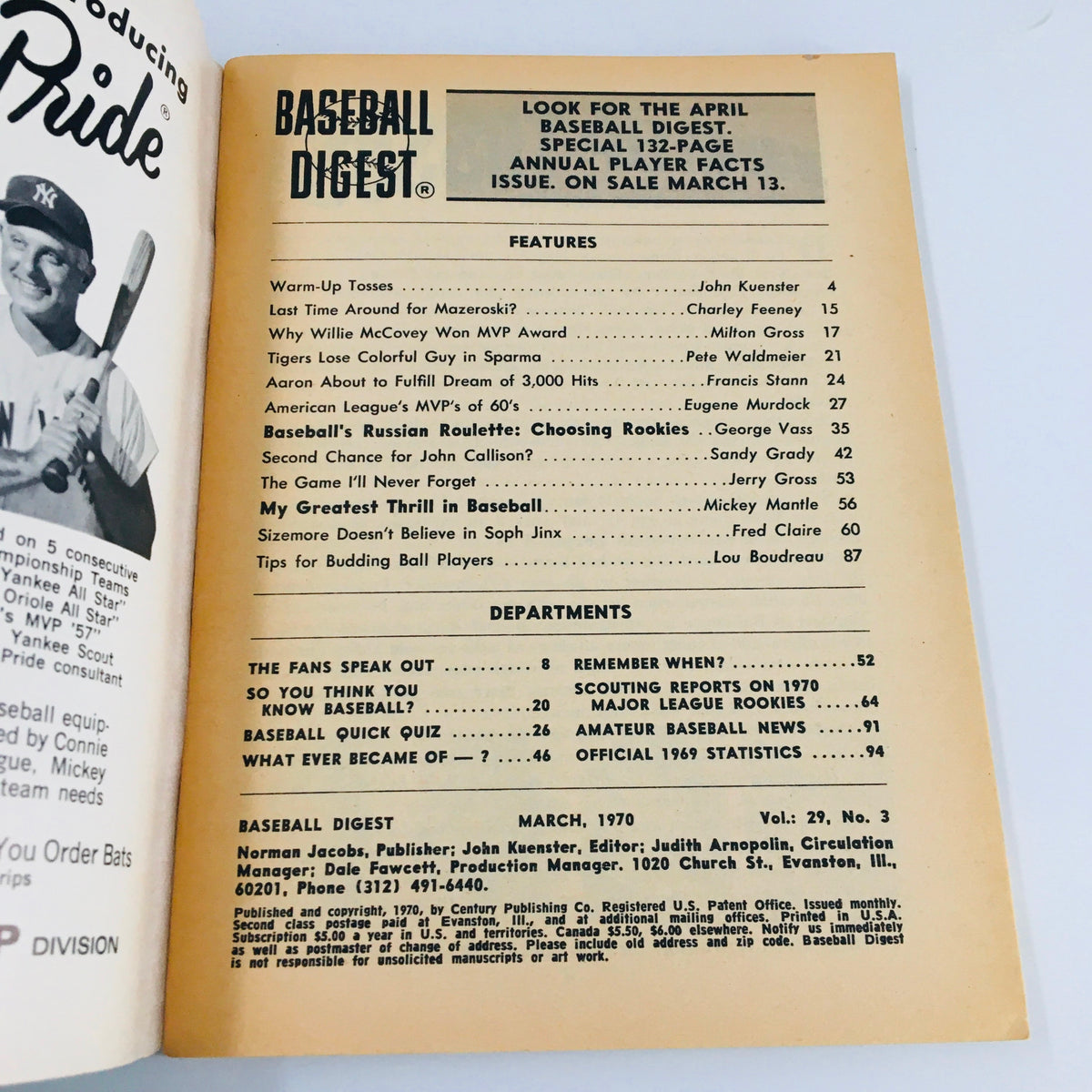 Interior page of March 1970 Baseball Digest magazine displaying the table of contents, including features like 'My Greatest Thrill in Baseball' by Mickey Mantle.